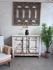 Distressed White Two Door Elm Cabinet with Unique Doors
