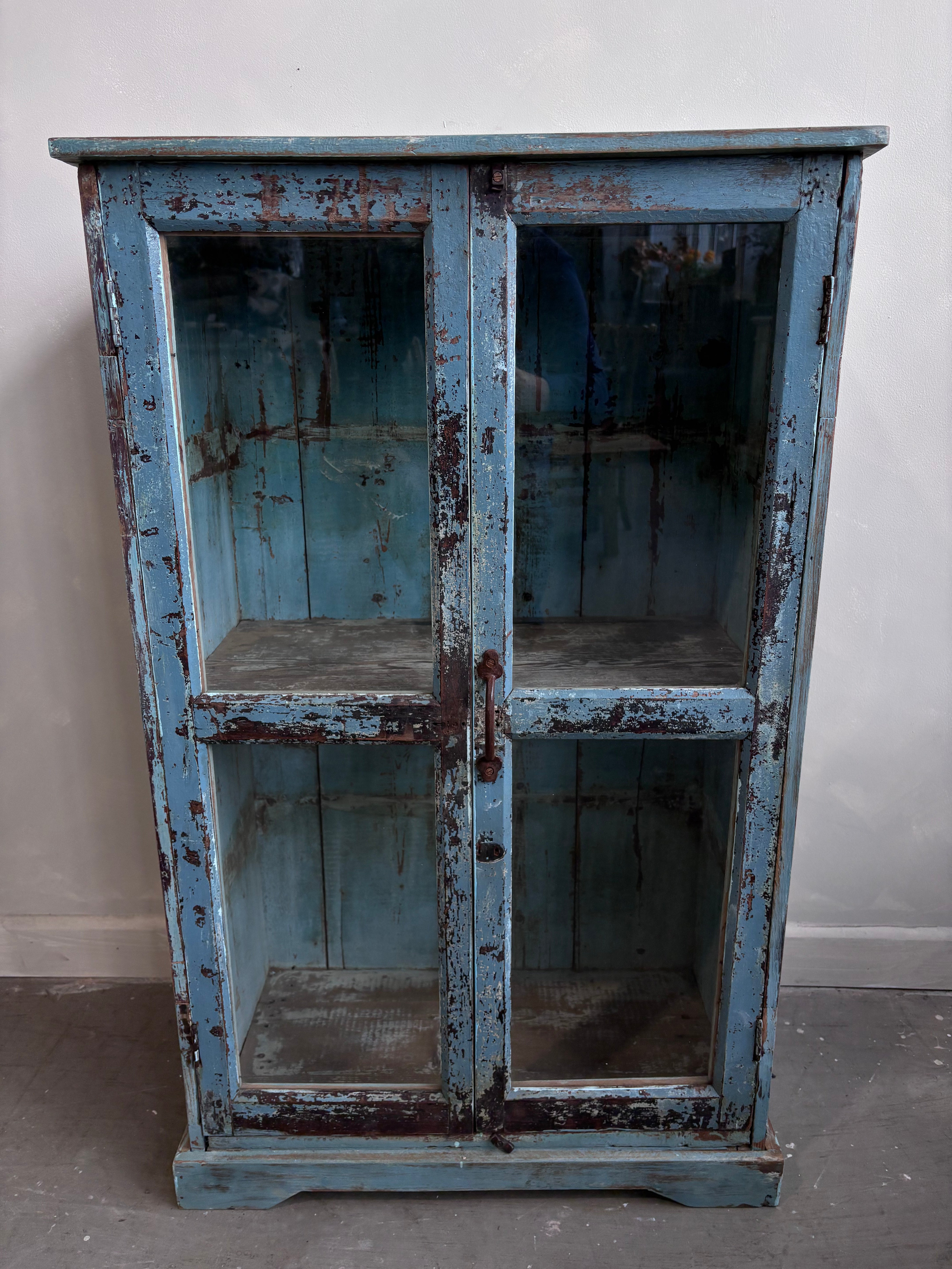 Vintage Indian Pale Blue Cabinet Glass Front Doors