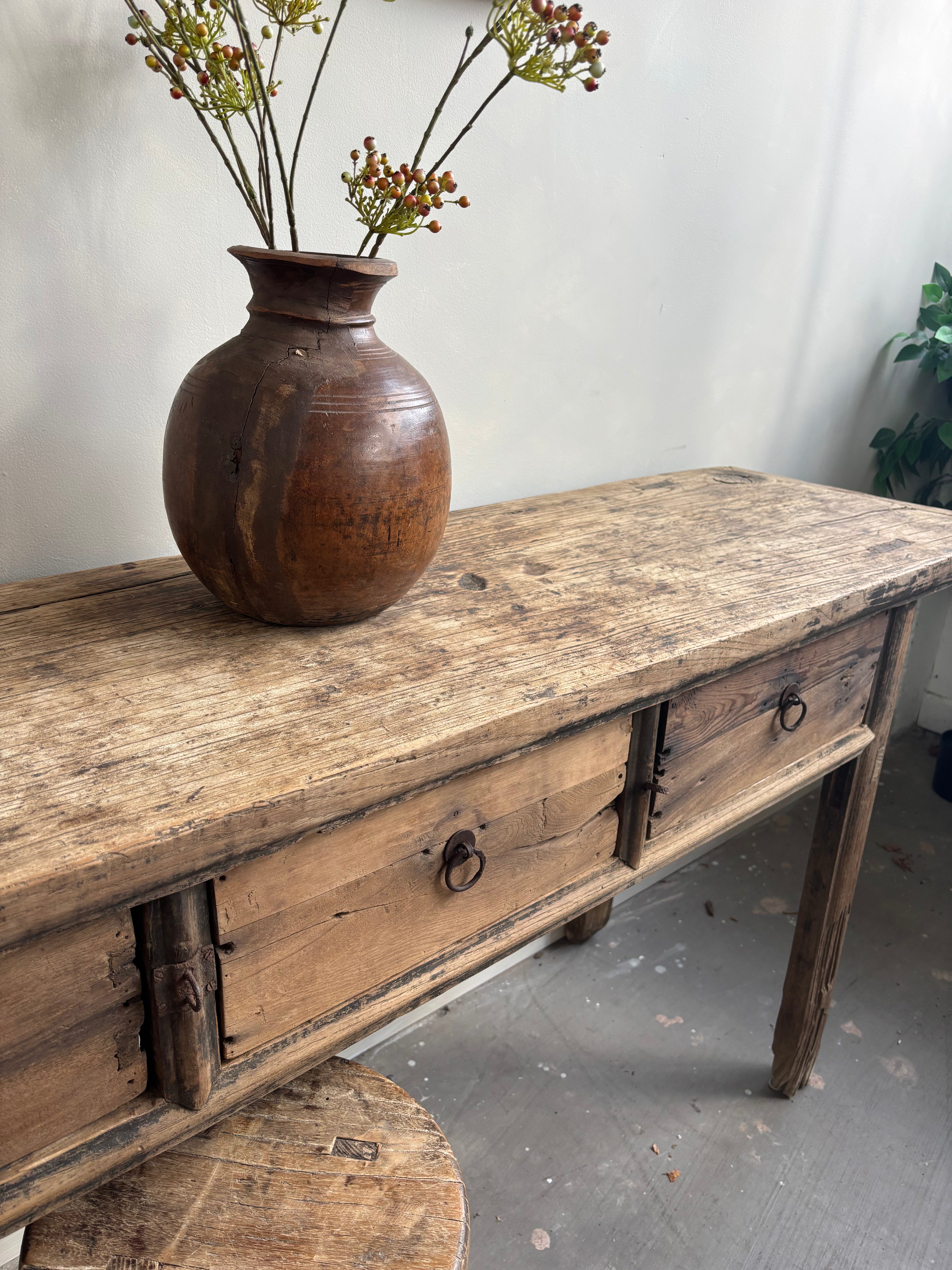 Antique Elm 3 Drawer Console