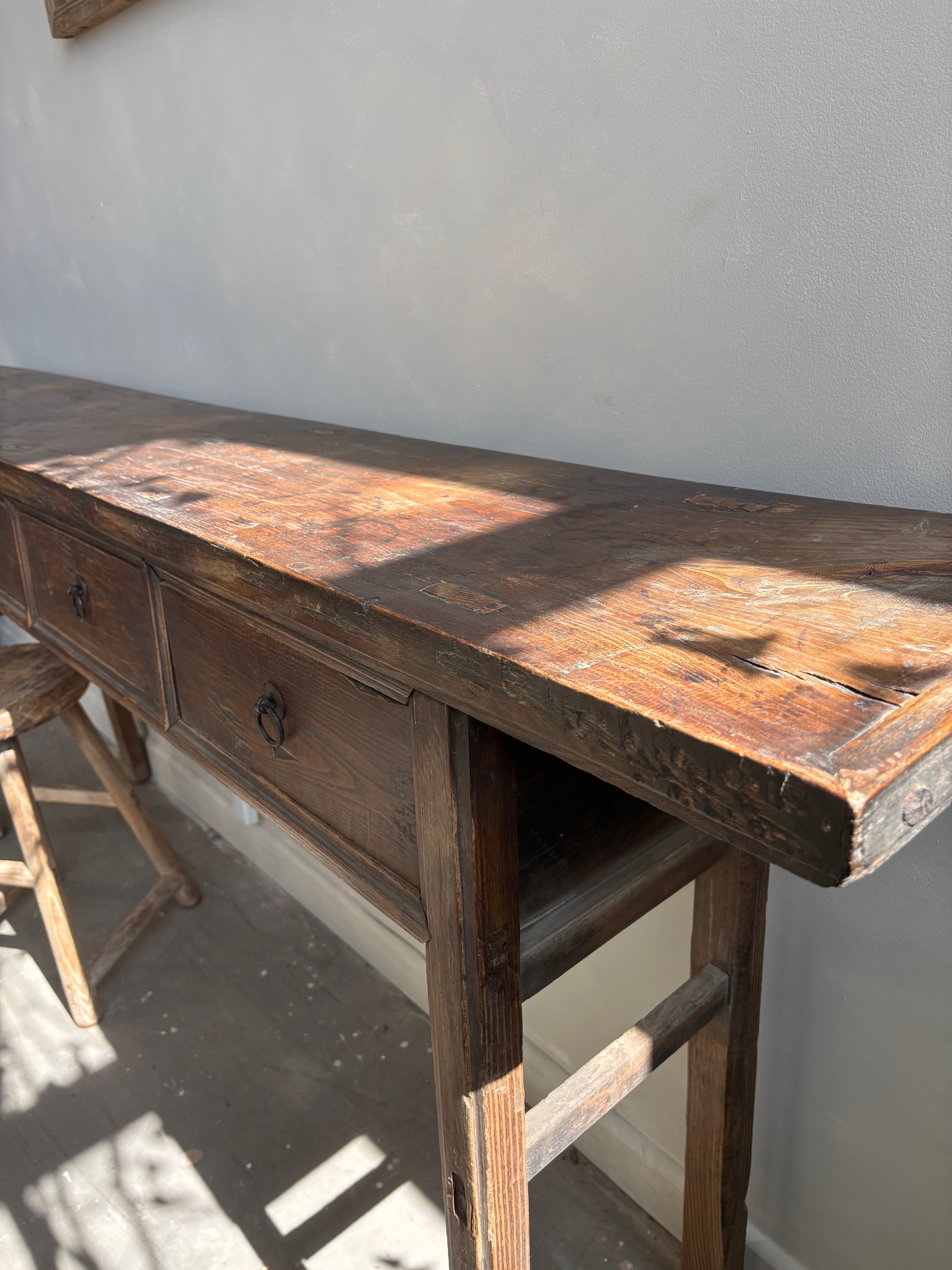 Antique Elm 4 Drawer Console