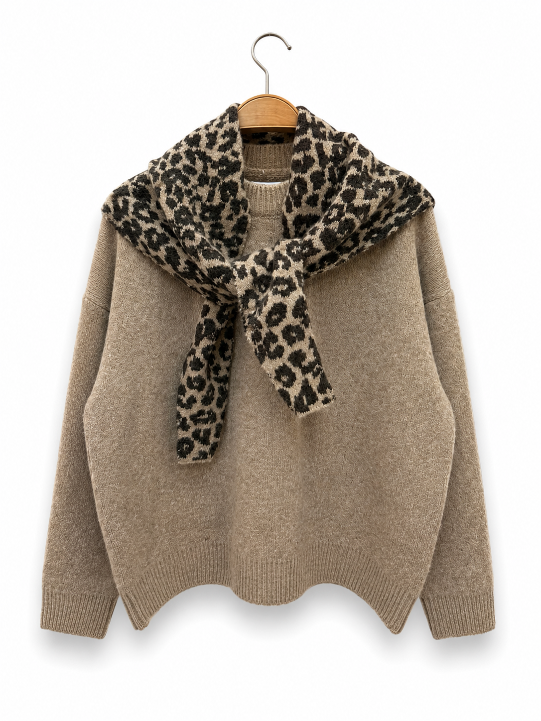 Jumper with Integrated Leopard Scarf