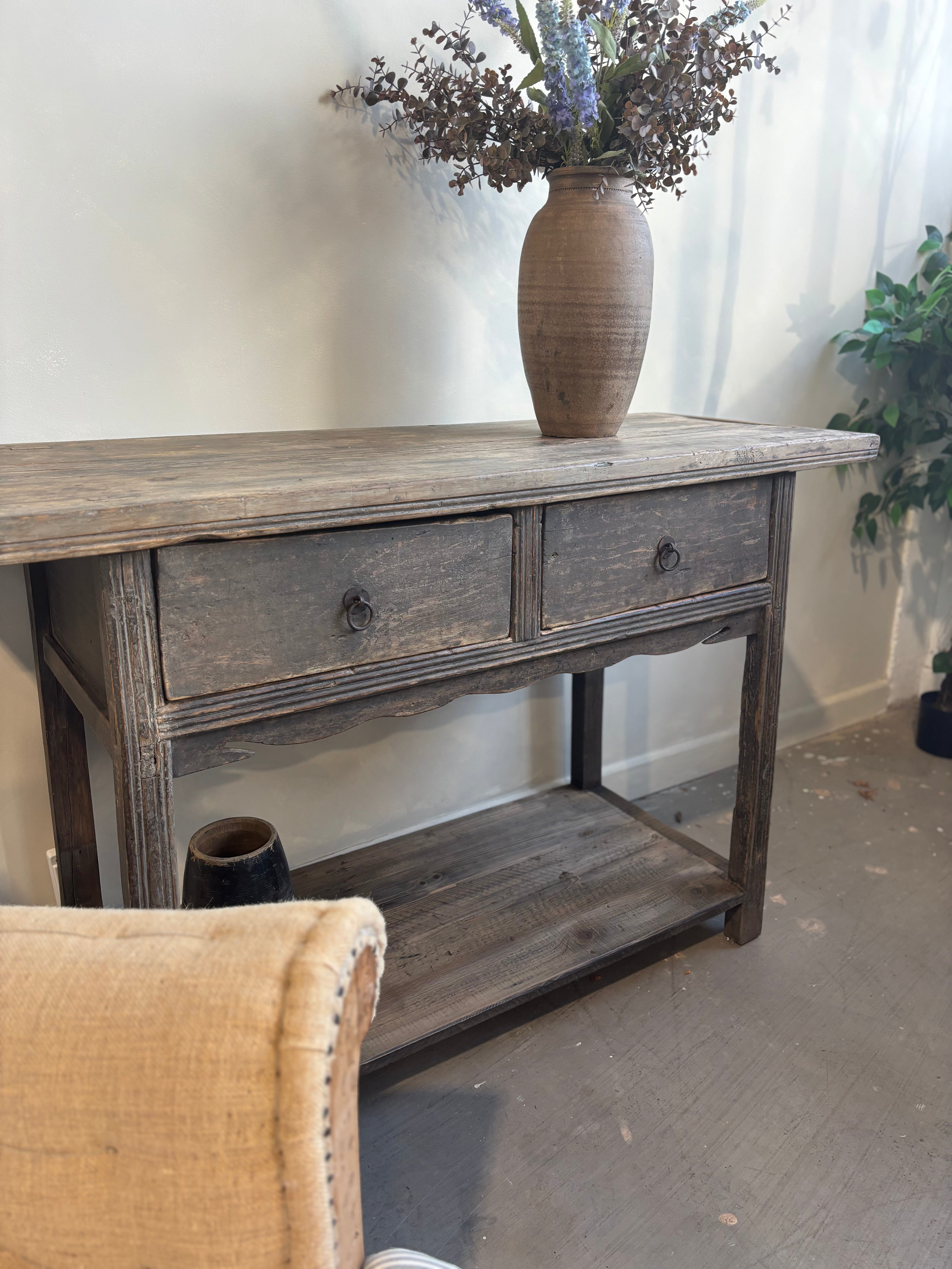 Antique Elm 2 Drawer Console