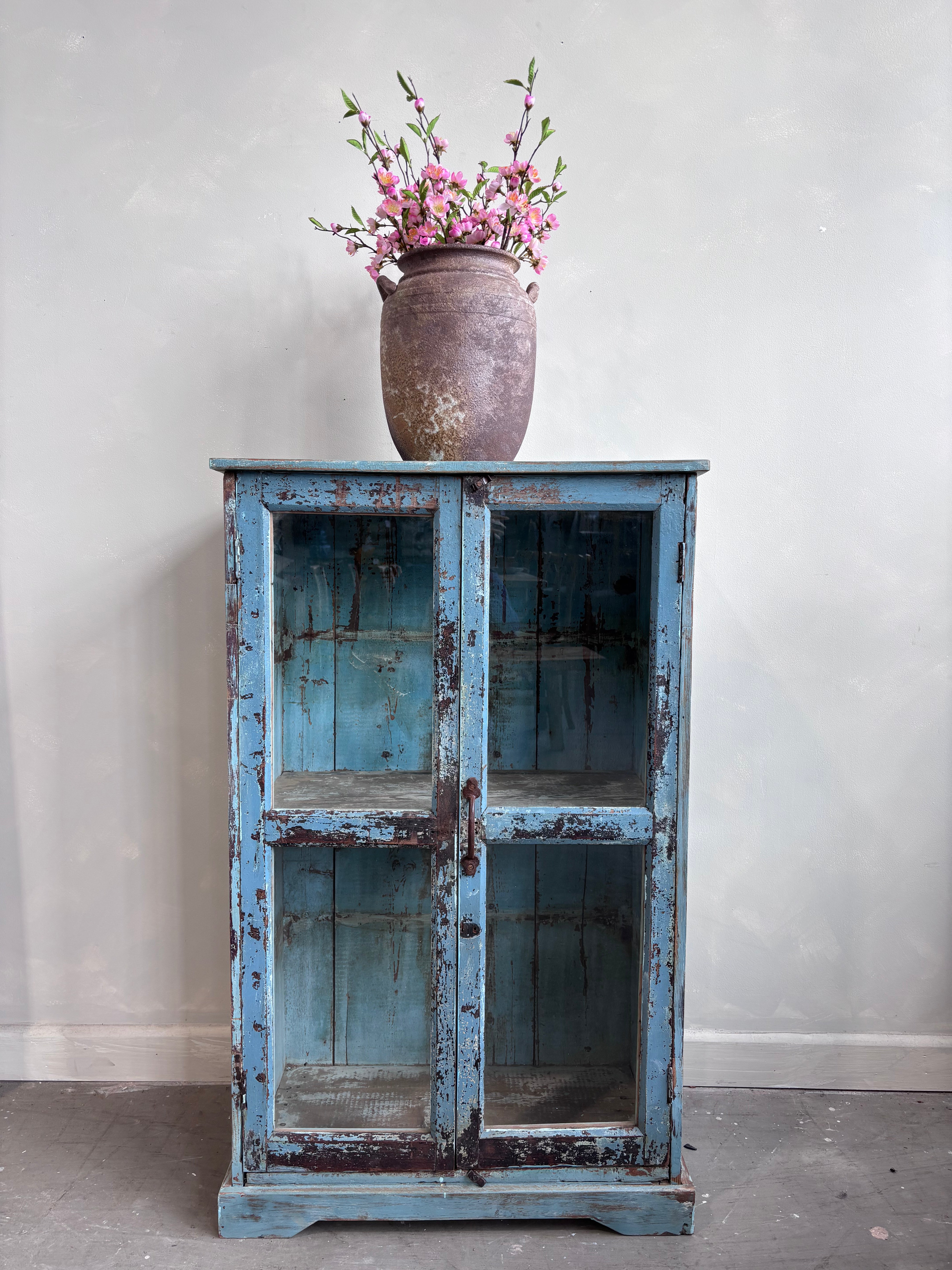Vintage Indian Pale Blue Cabinet Glass Front Doors