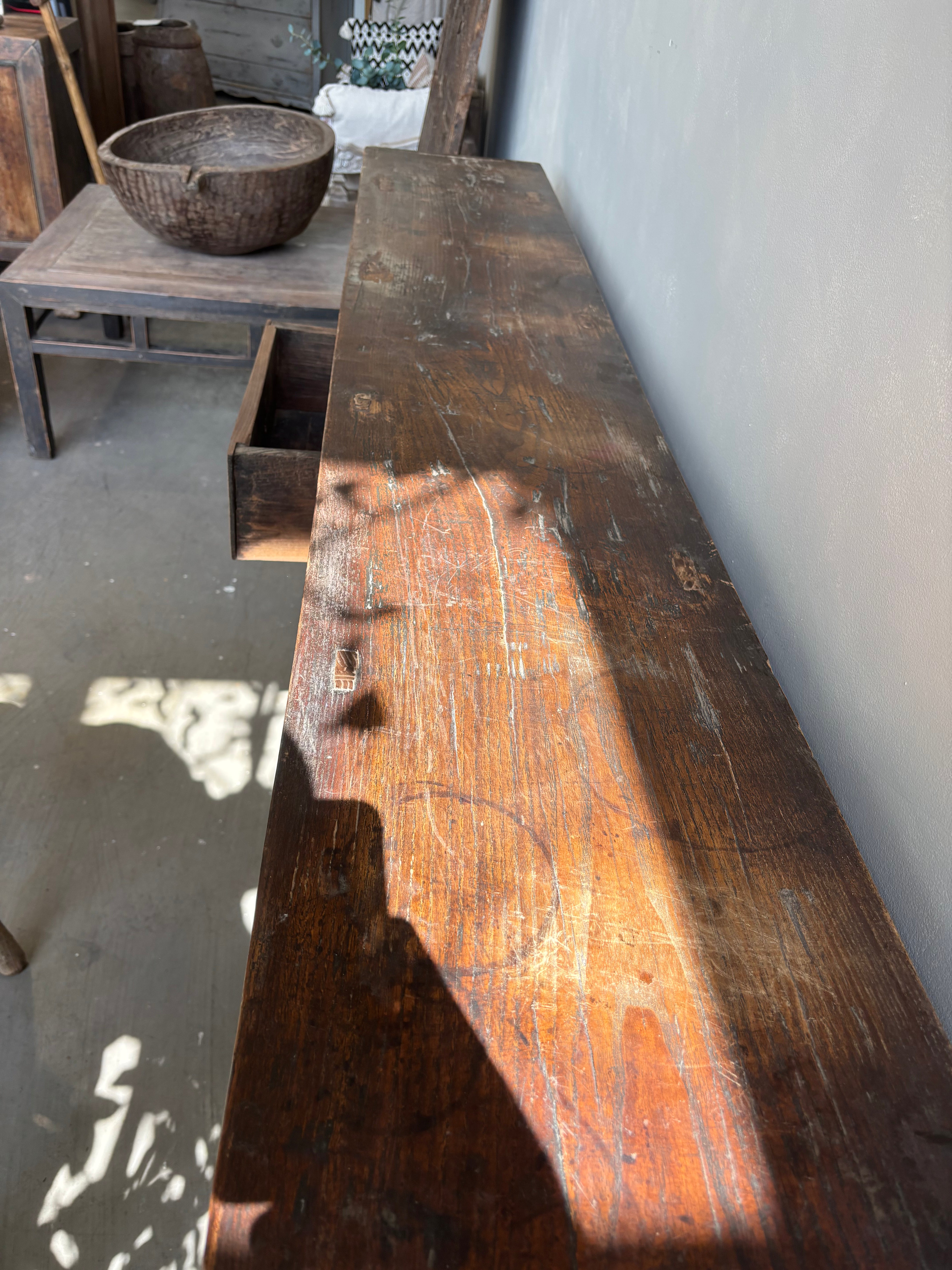 Antique Elm 4 Drawer Console