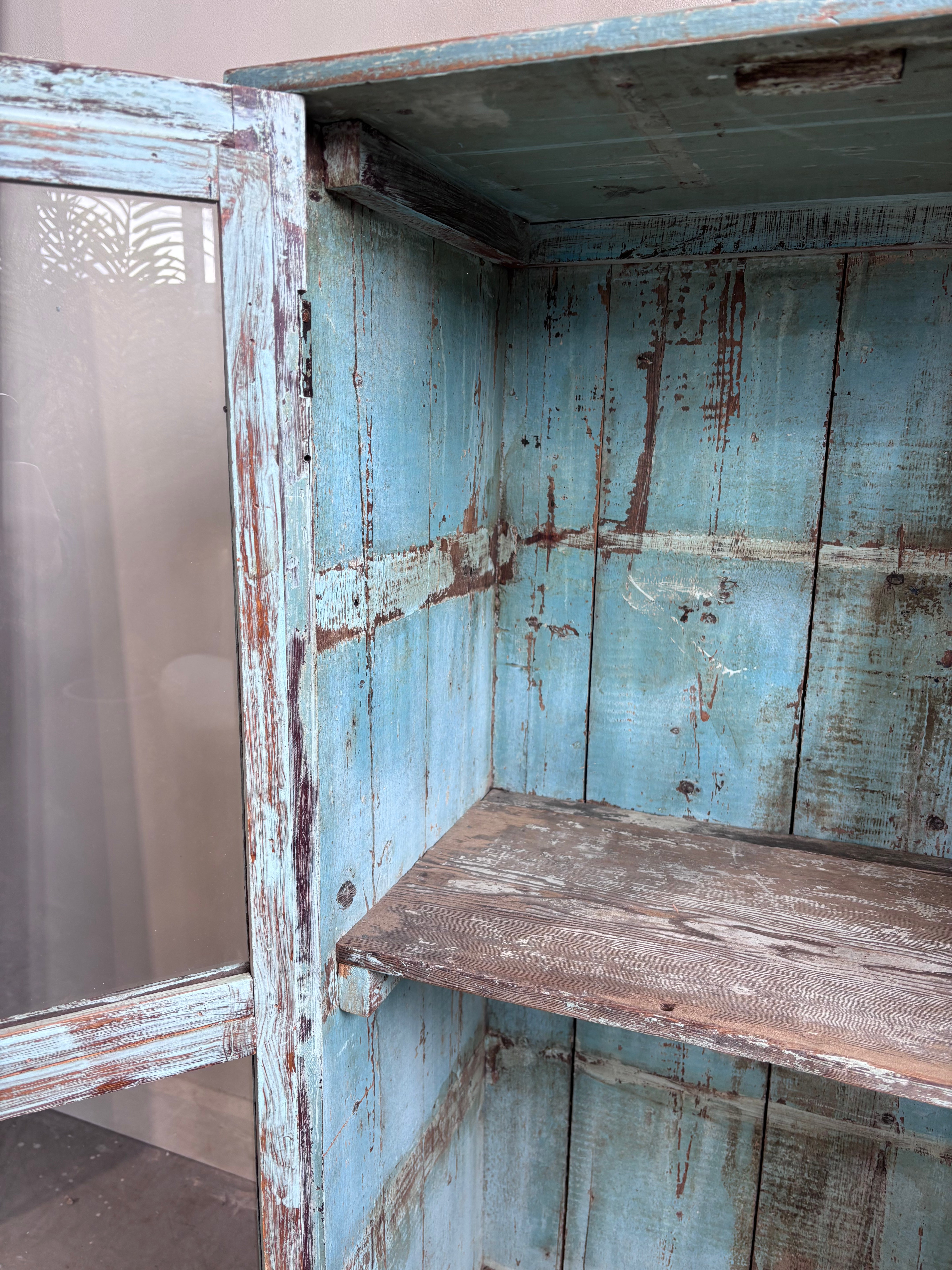 Vintage Indian Pale Blue Cabinet Glass Front Doors