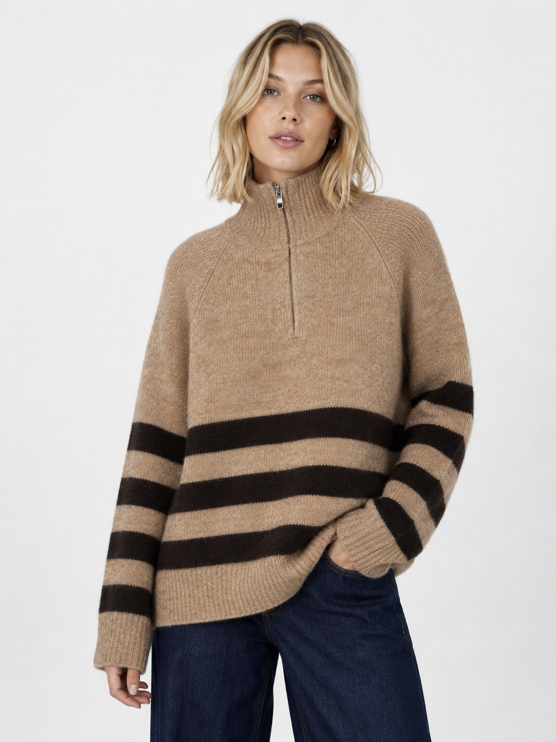 Striped Zip-Up High-Neck Sweater