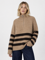 Striped Zip-Up High-Neck Sweater