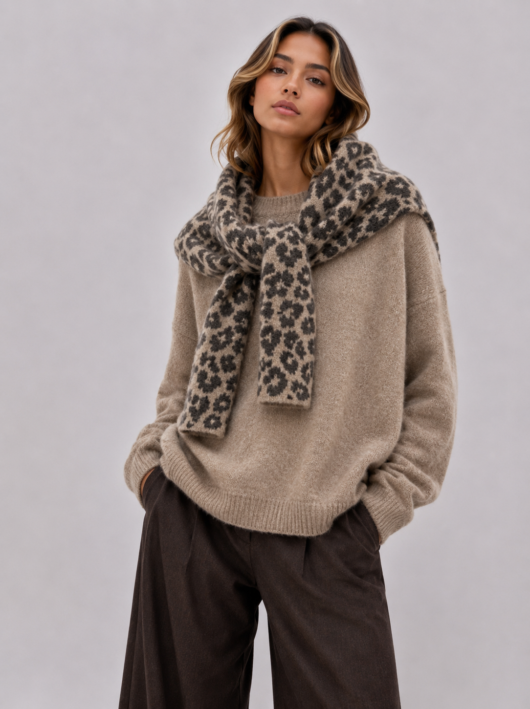 Jumper with Integrated Leopard Scarf