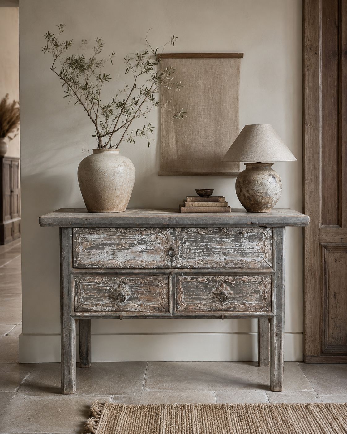 Vintage Elm 3 Drawer Console