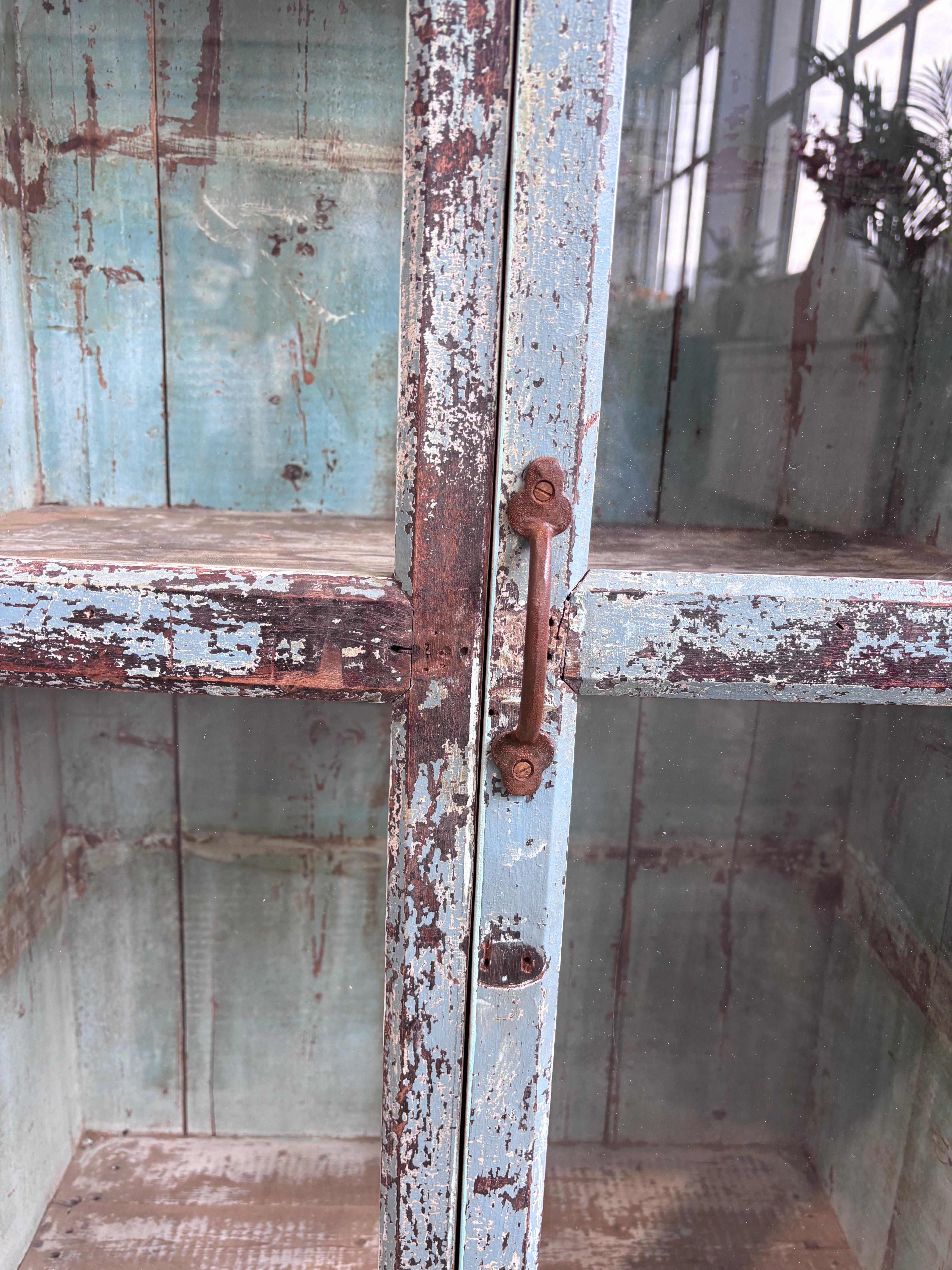 Vintage Indian Pale Blue Cabinet Glass Front Doors