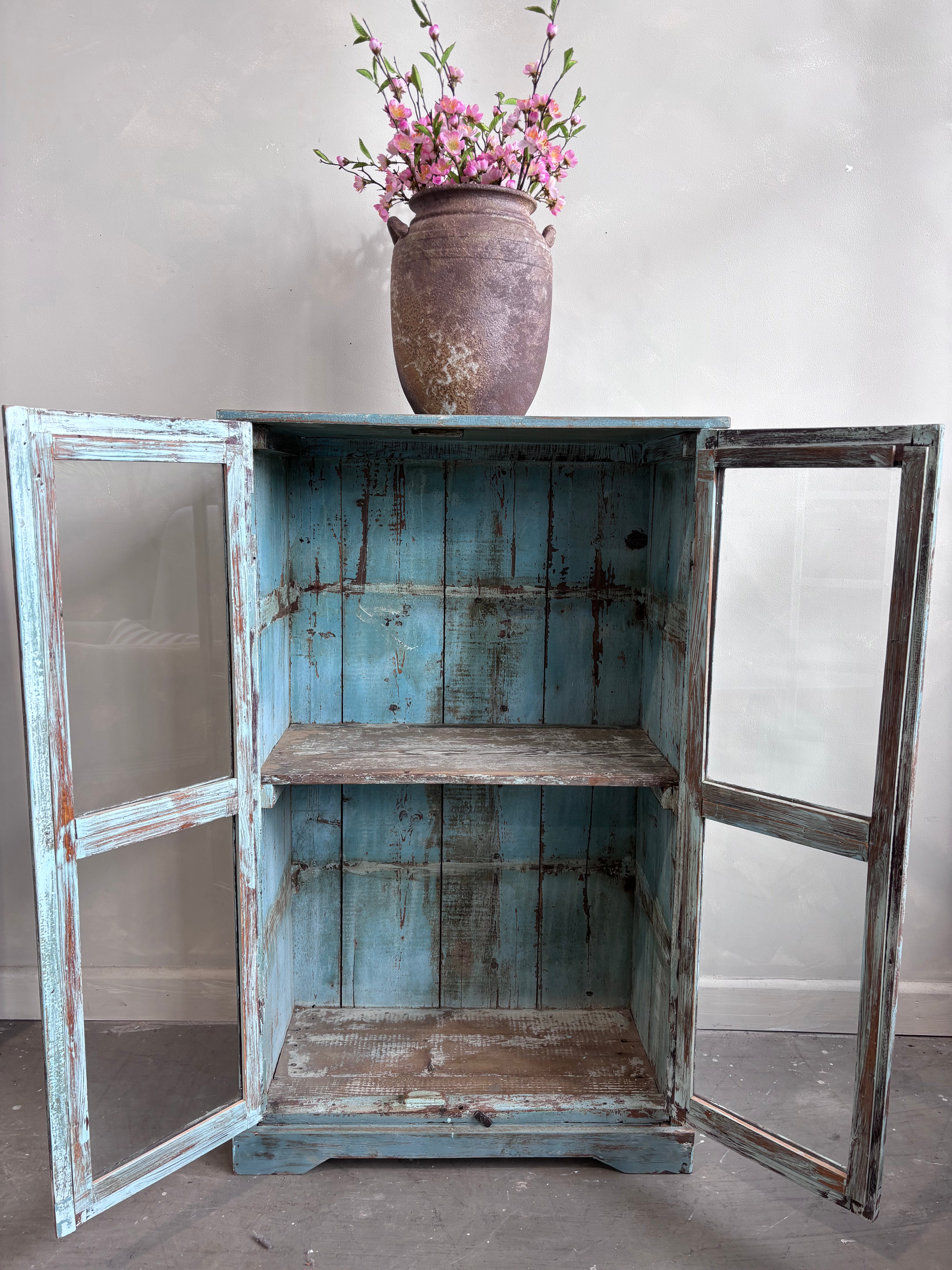 Vintage Indian Pale Blue Cabinet Glass Front Doors