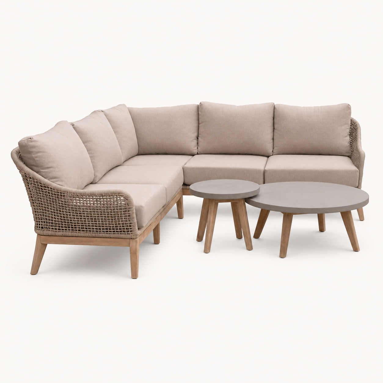 Summer Corner Sofa Lounging Set with Round Coffee Table & Side Table