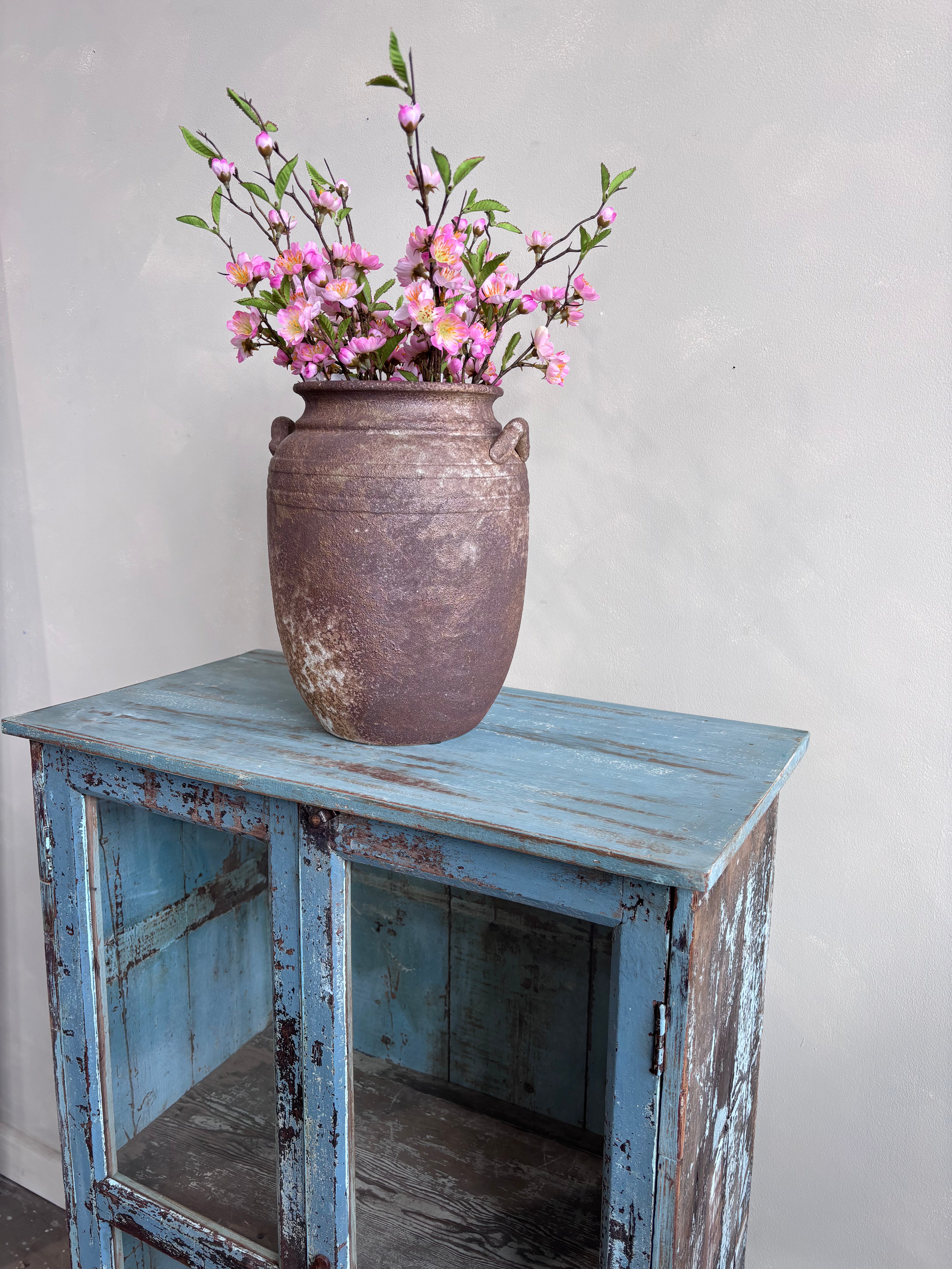 Vintage Indian Pale Blue Cabinet Glass Front Doors