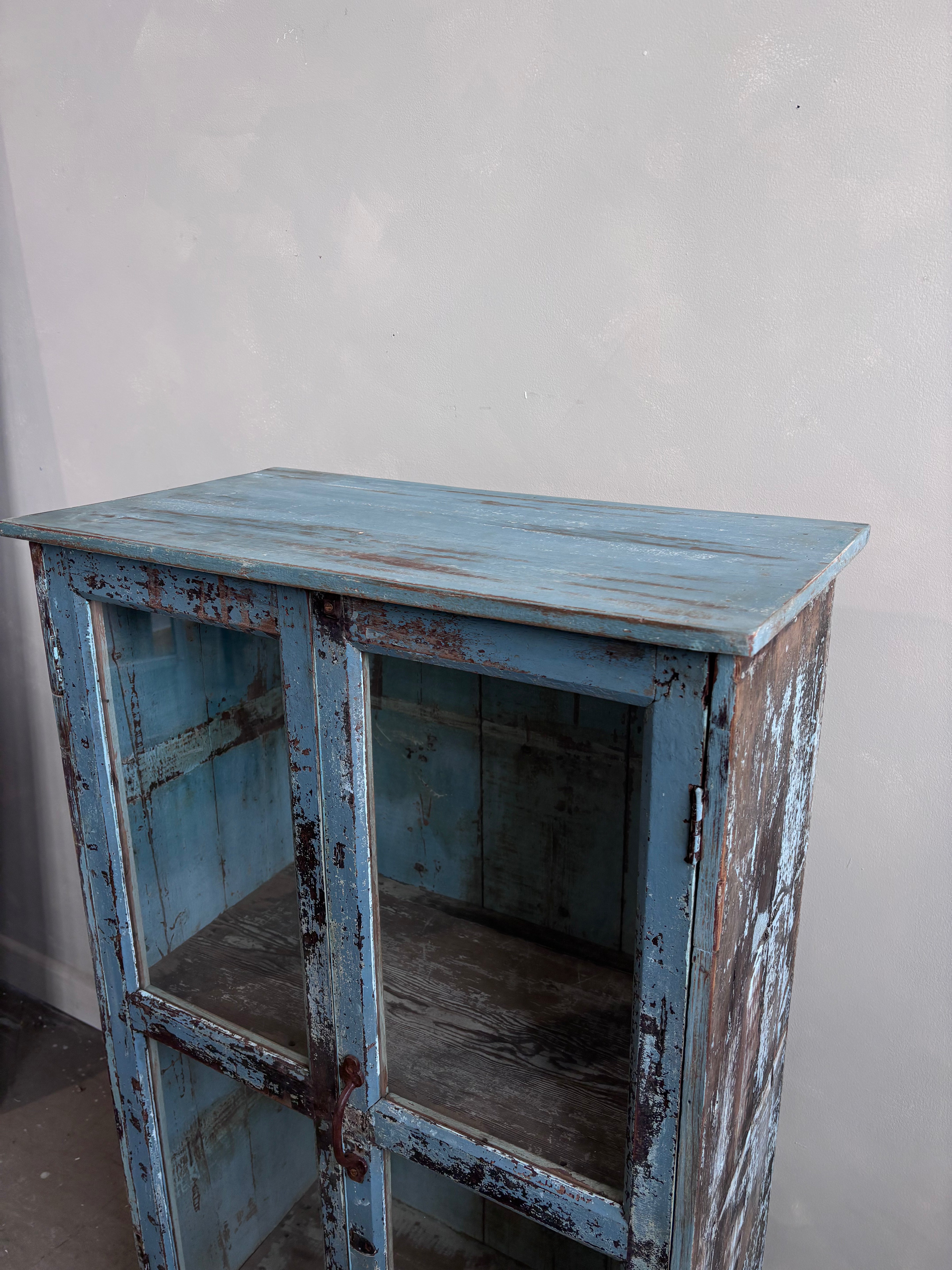 Vintage Indian Pale Blue Cabinet Glass Front Doors