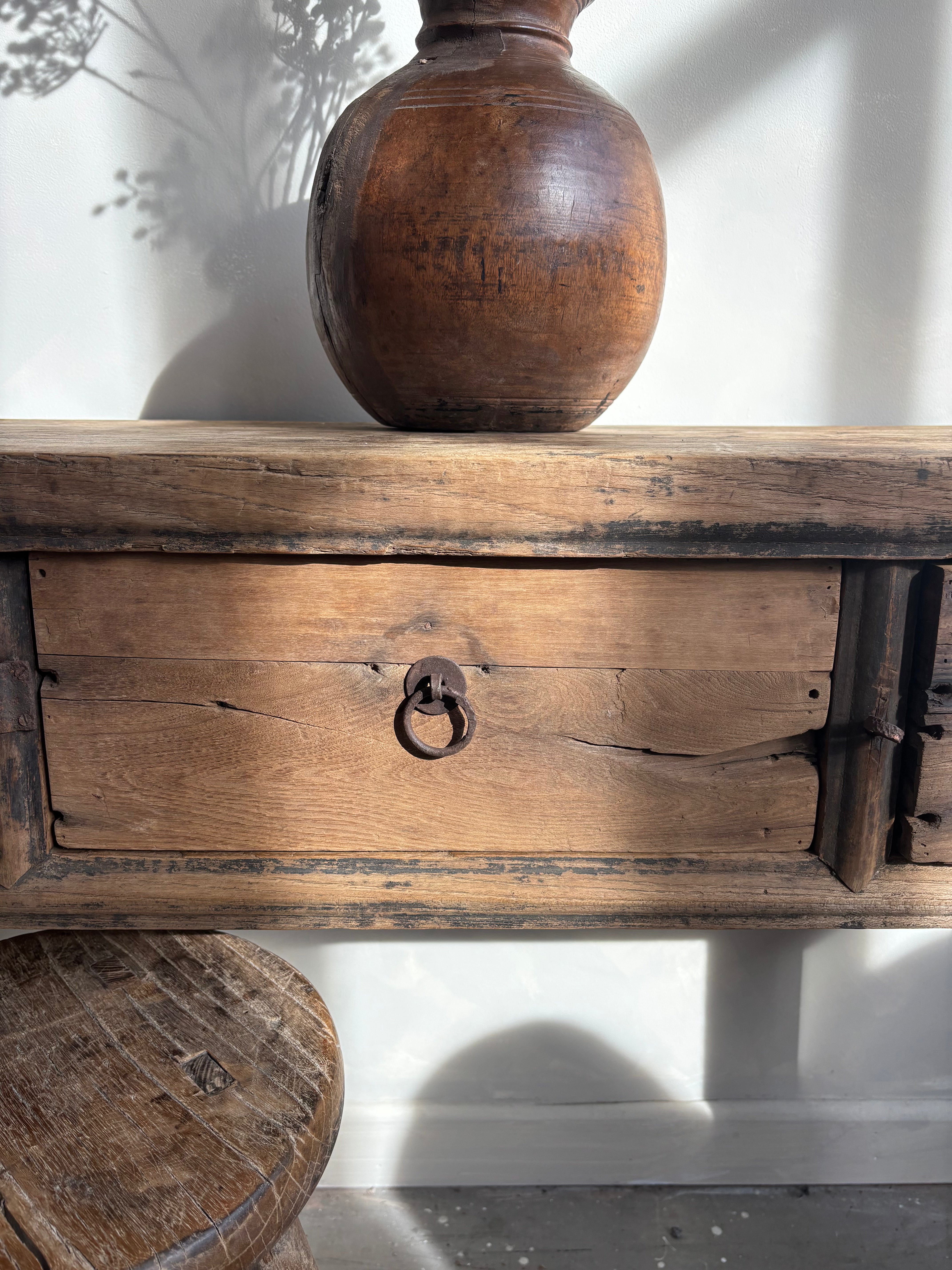 Antique Elm 3 Drawer Console