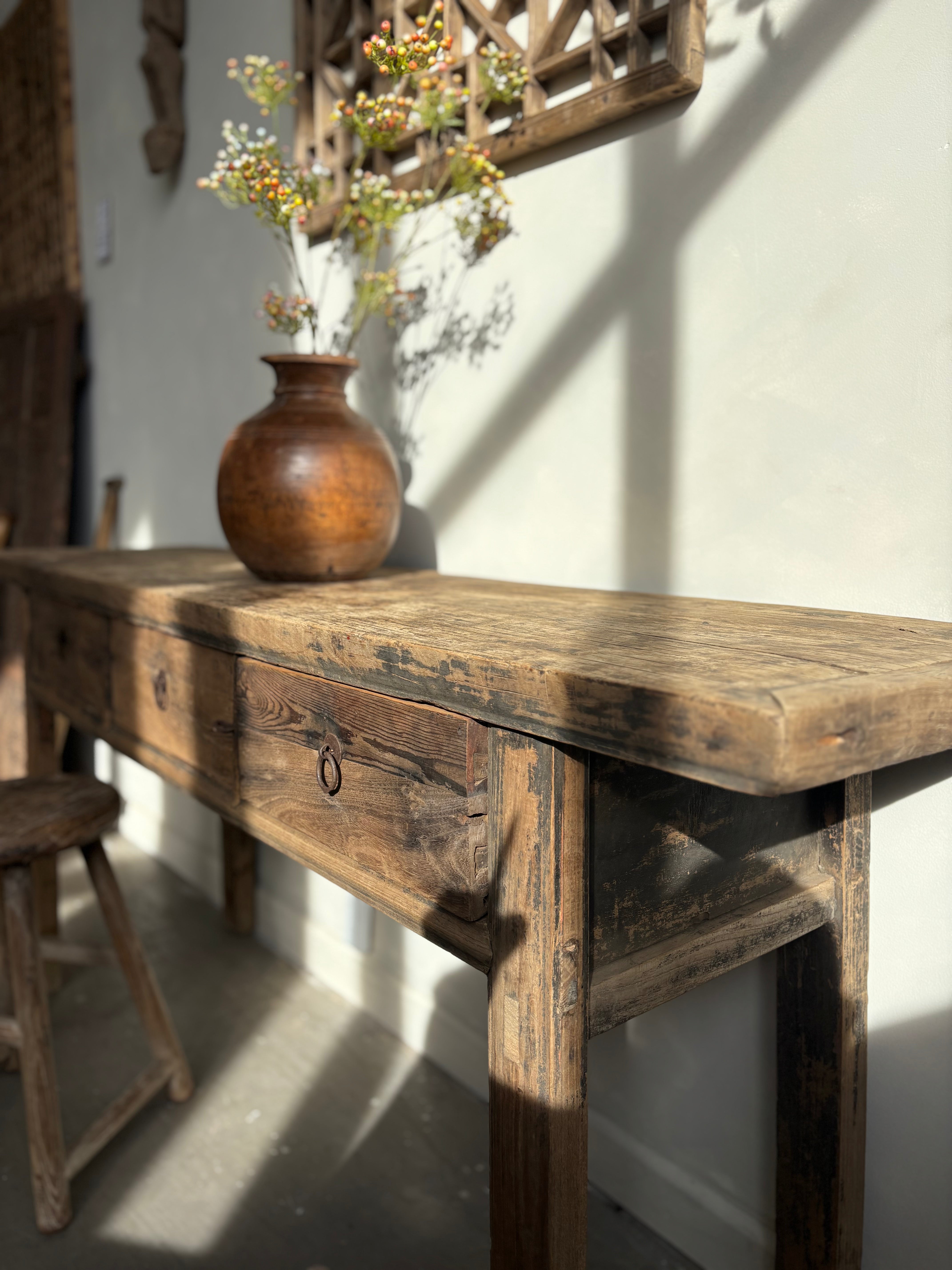 Antique Elm 3 Drawer Console