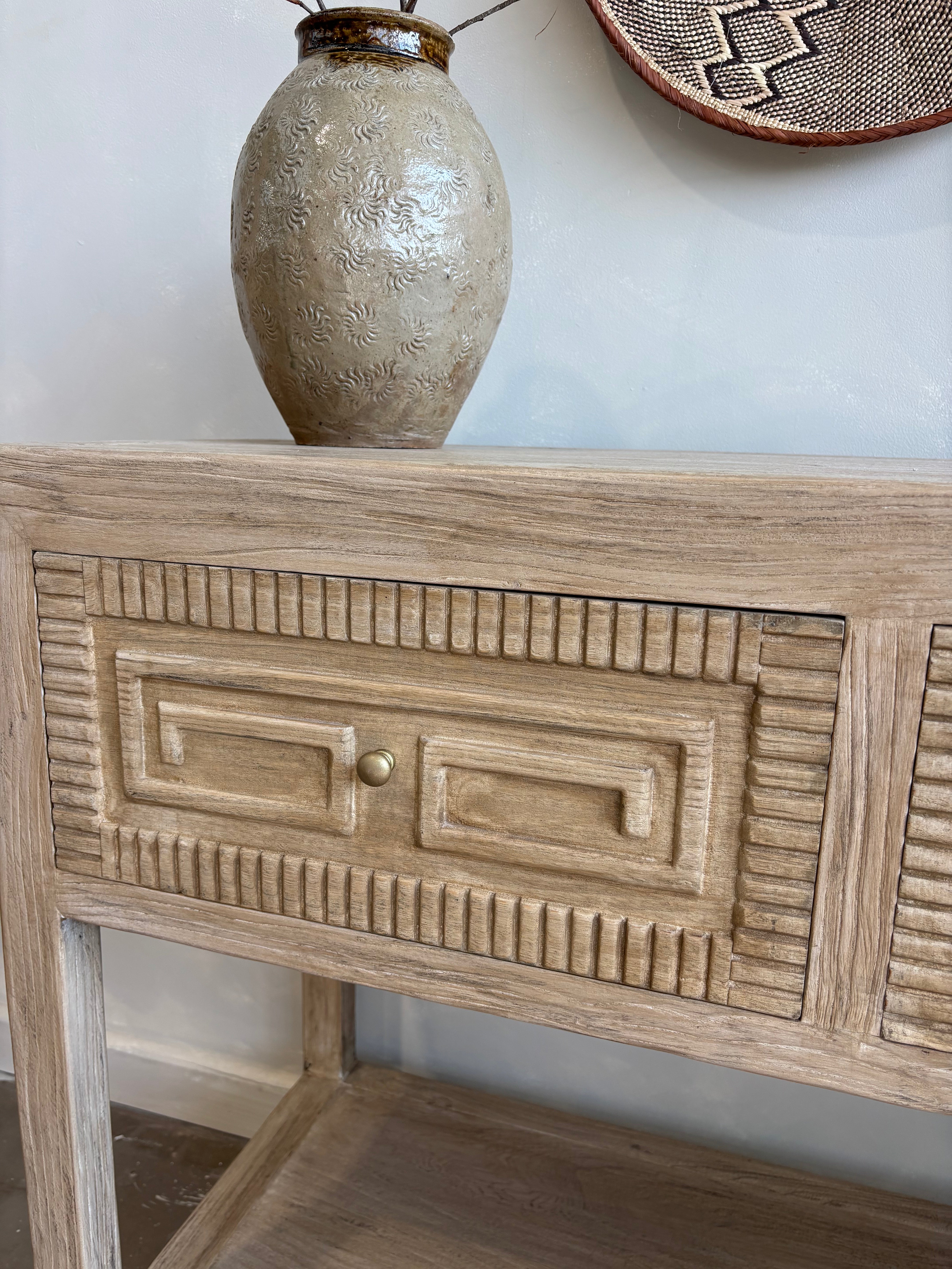 Reclaimed Elm Carved 3 Drawer Console