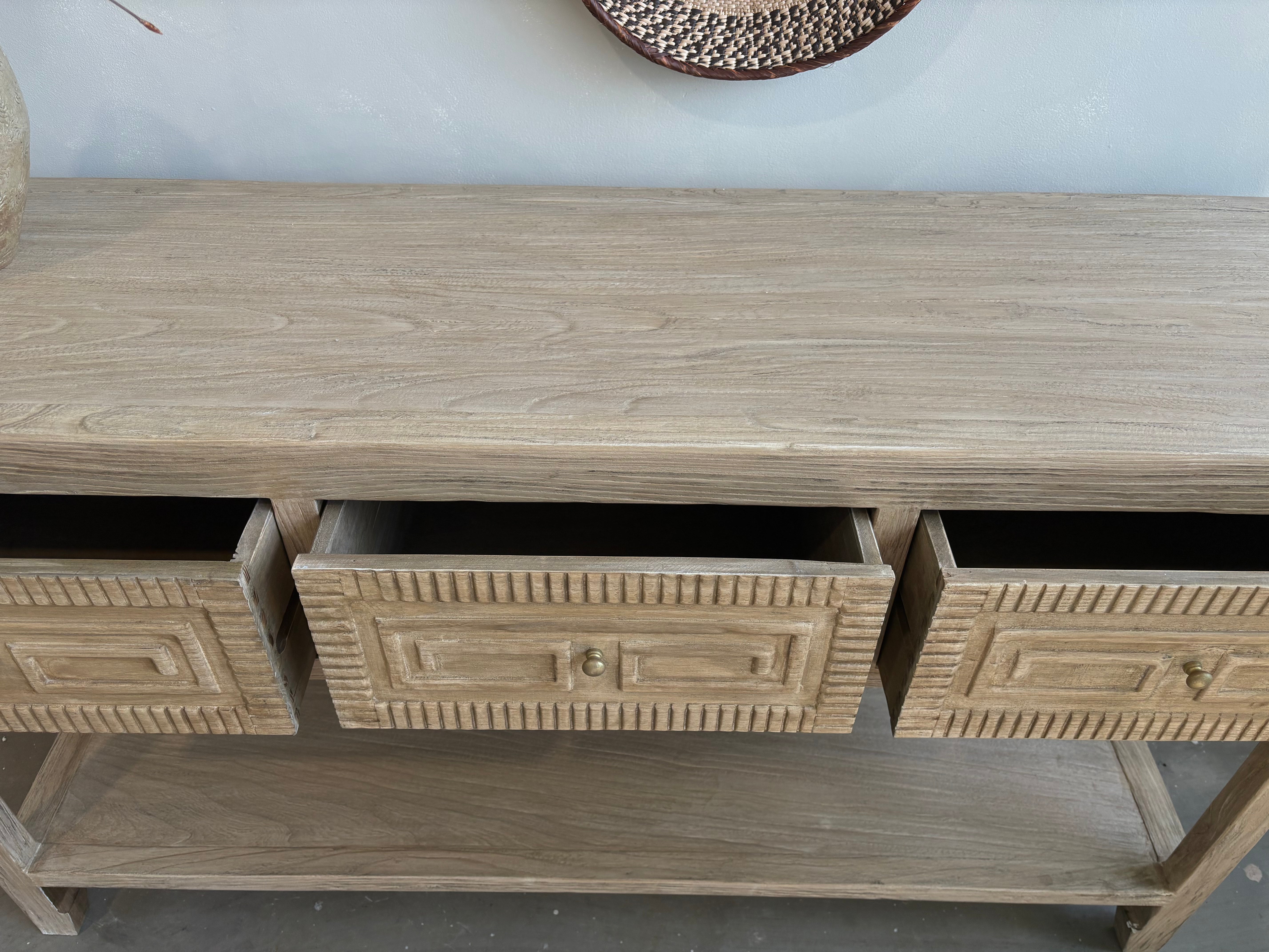 Reclaimed Elm Carved 3 Drawer Console