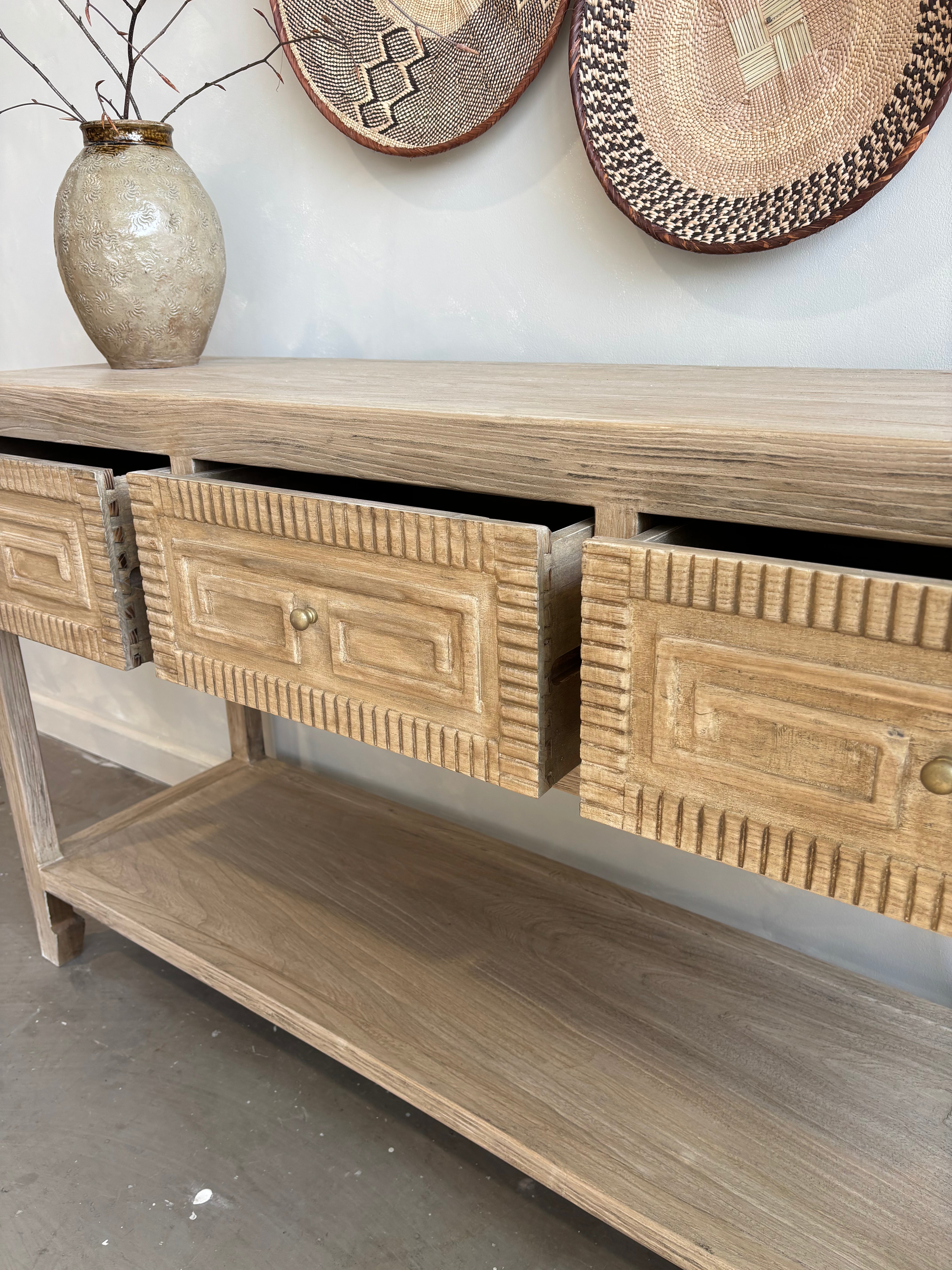 Reclaimed Elm Carved 3 Drawer Console