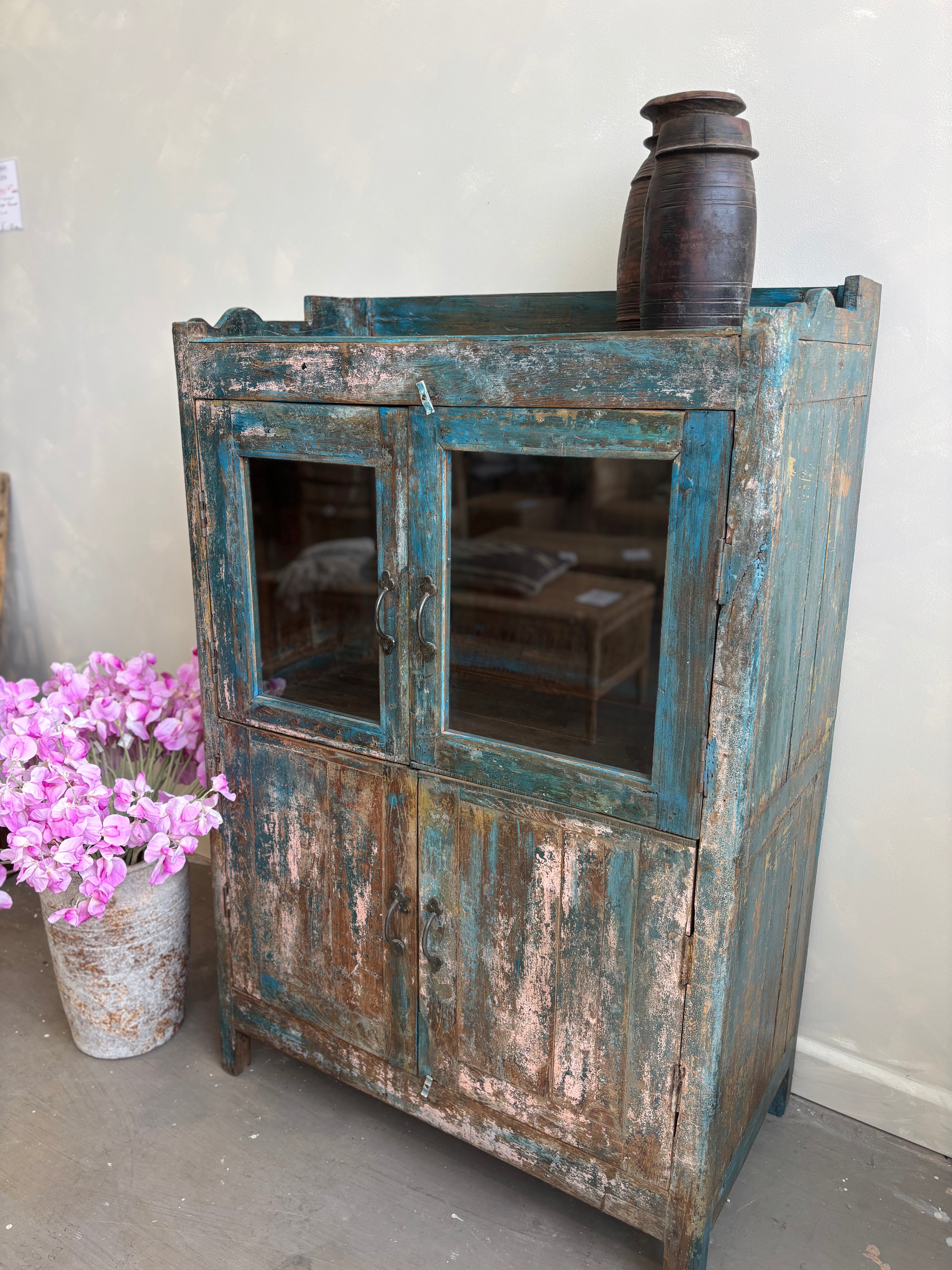 Vintage Indian Distressed Blue Cupboard