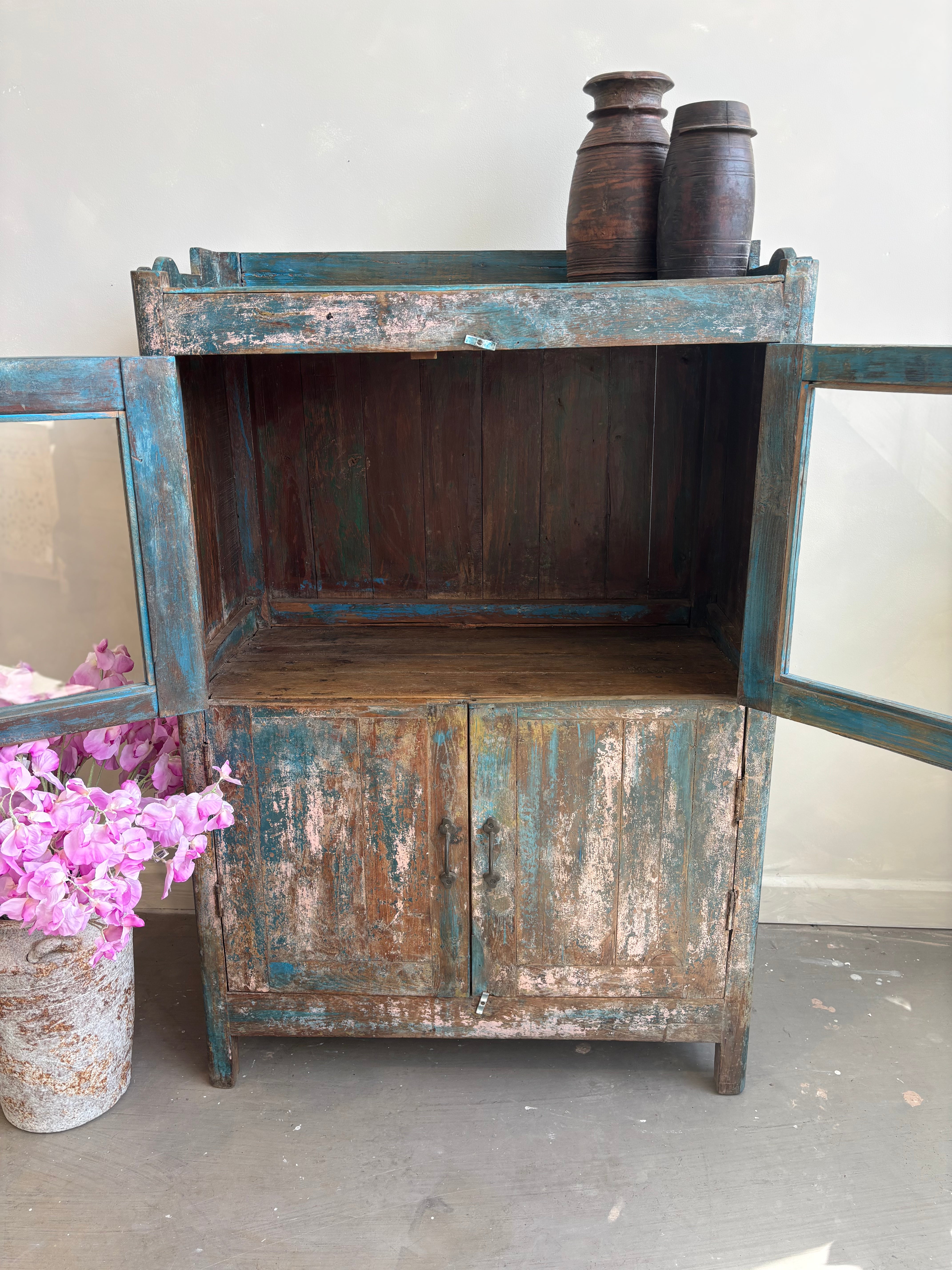 Vintage Indian Distressed Blue Cupboard
