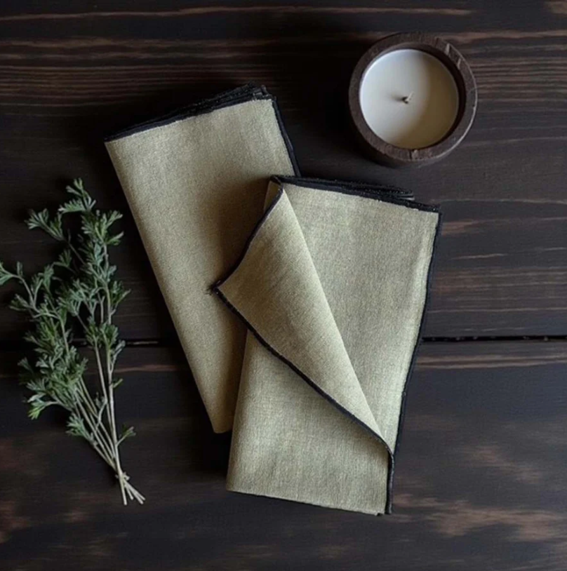 Natural Linen Olive Edge Napkin Set of 4