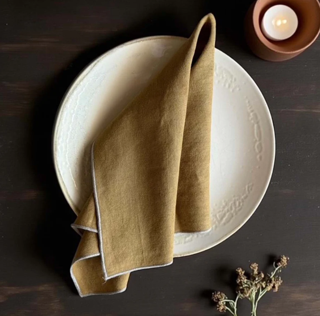 Natural Linen Tobacco Piped Napkin Set of 4