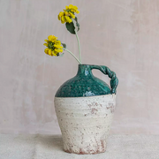 Rustic Handle Vase with Green Glazed Rim