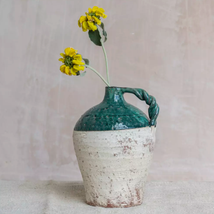 Rustic Handle Vase with Green Glazed Rim
