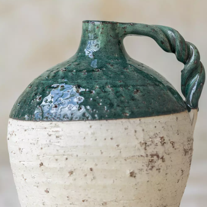 Rustic Handle Vase with Green Glazed Rim