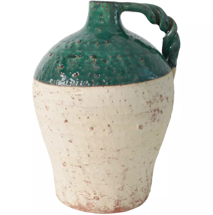 Rustic Handle Vase with Green Glazed Rim