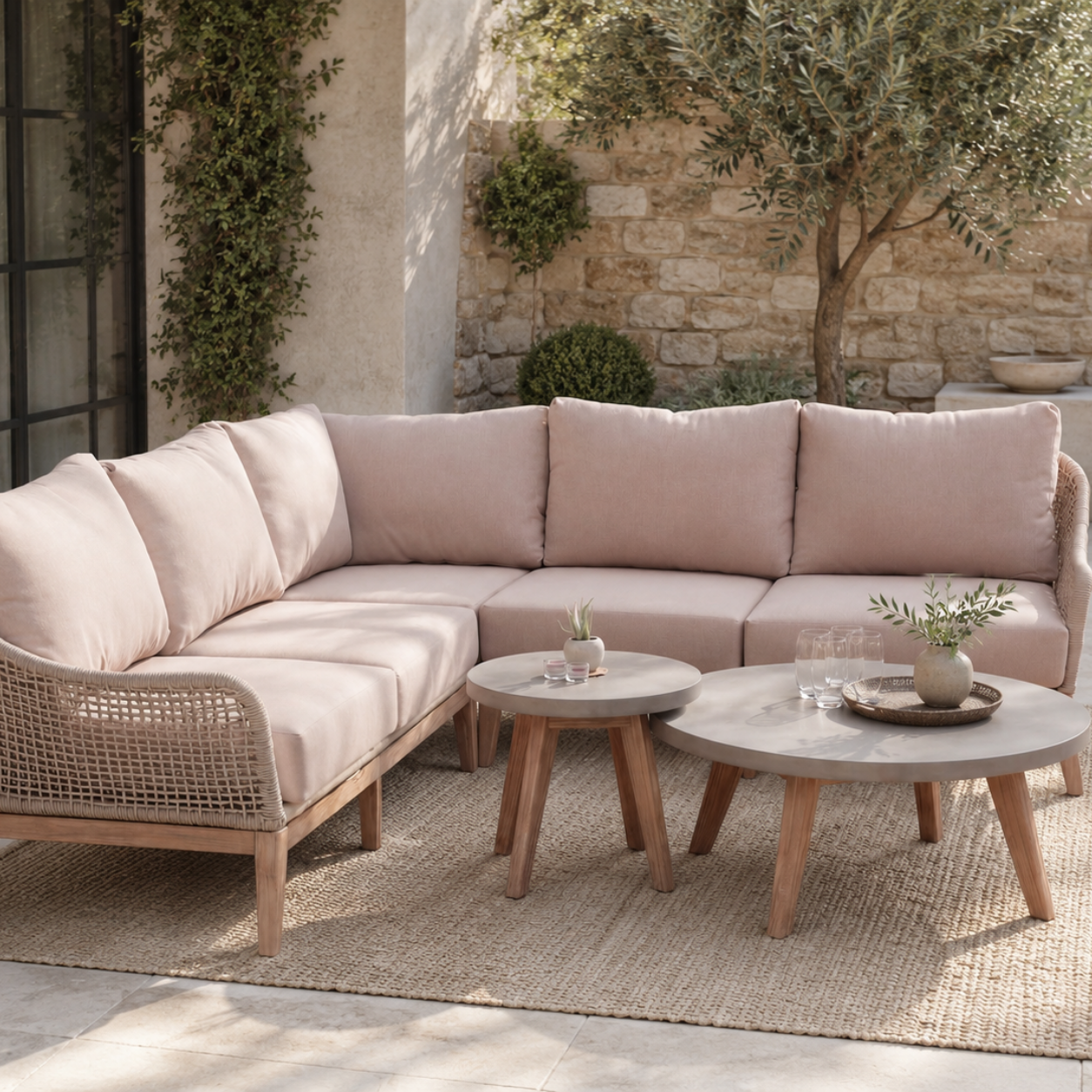 Summer Corner Sofa Lounging Set with Round Coffee Table & Side Table