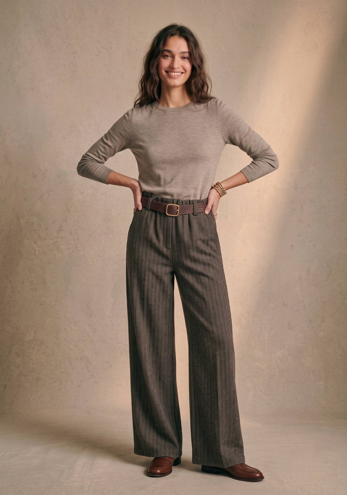 Wide Leg Herringbone Trousers