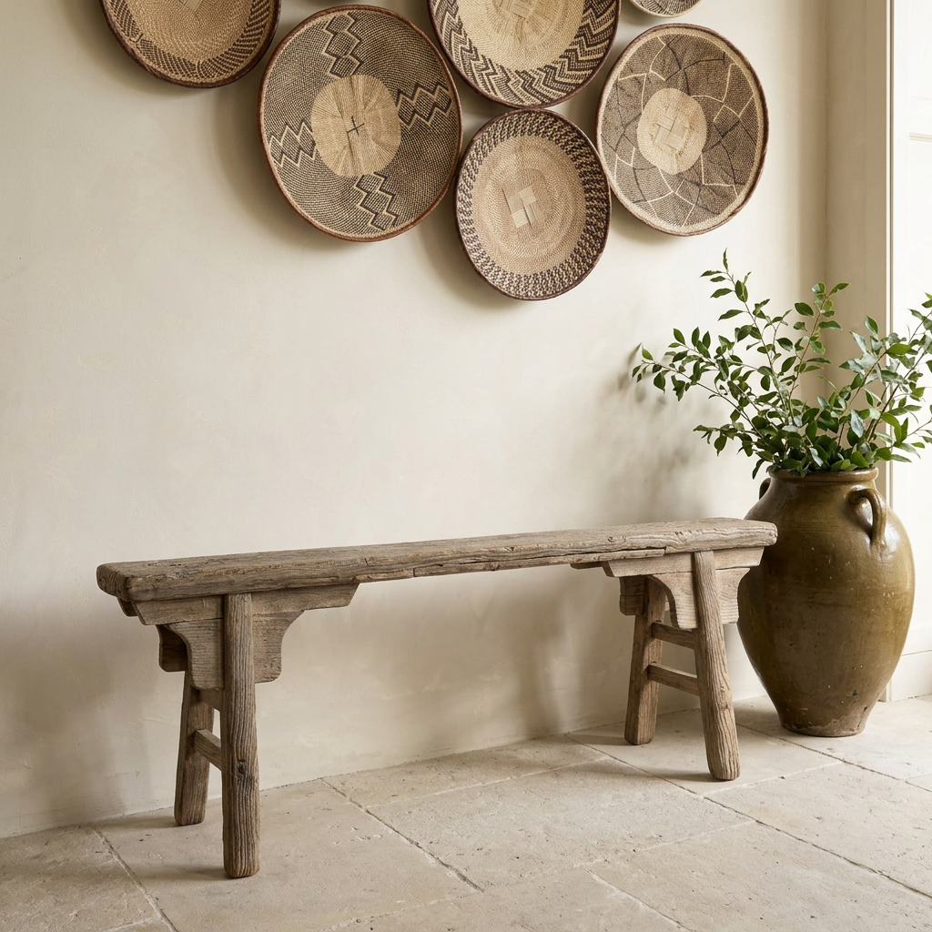 Bench lifestyle image with woven wall baskets
