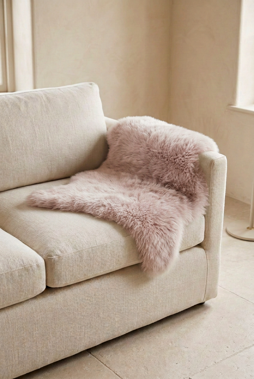 Blush pink sheepskin over a sofa arm