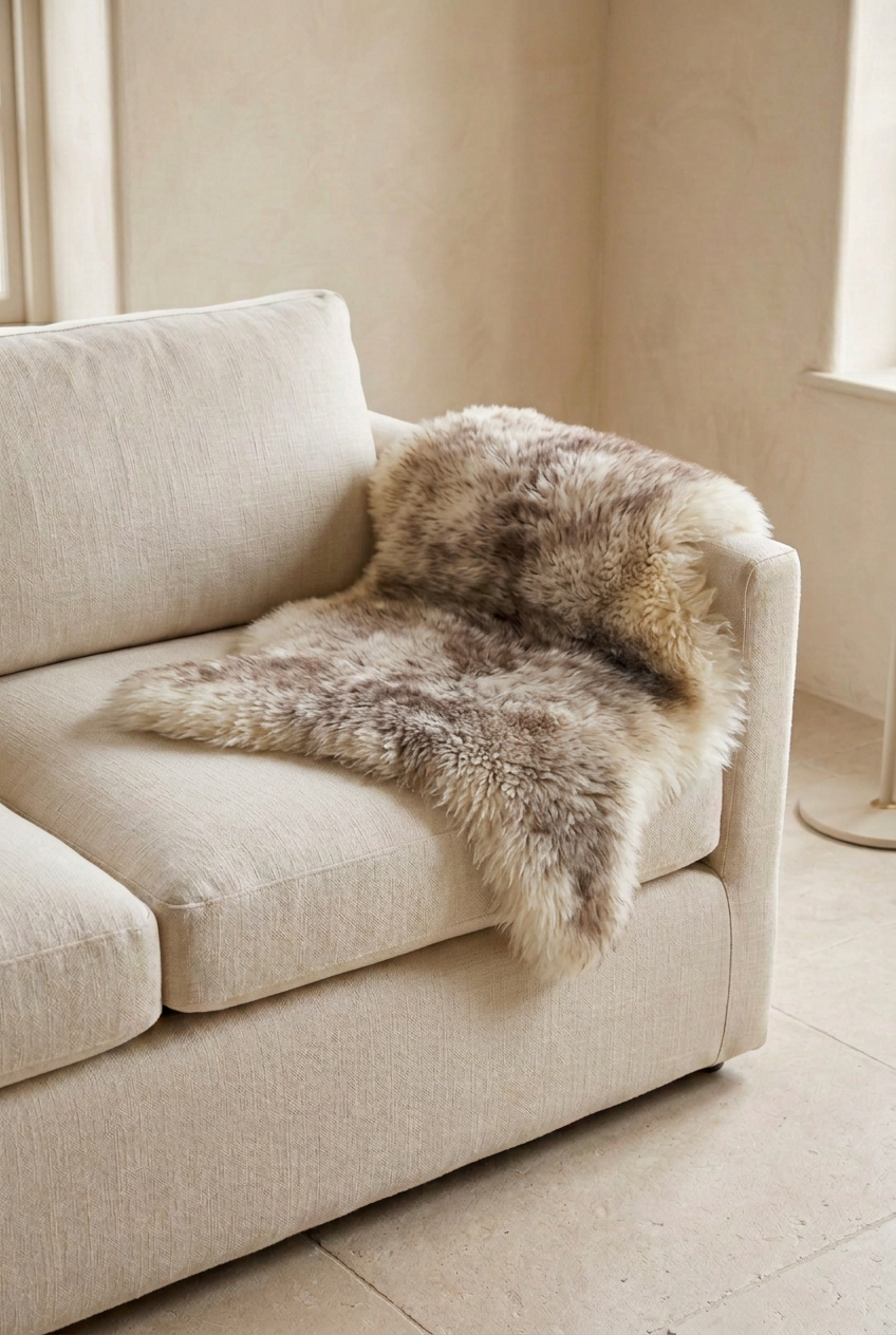 Brown-tipped sheepskin over a sofa arm