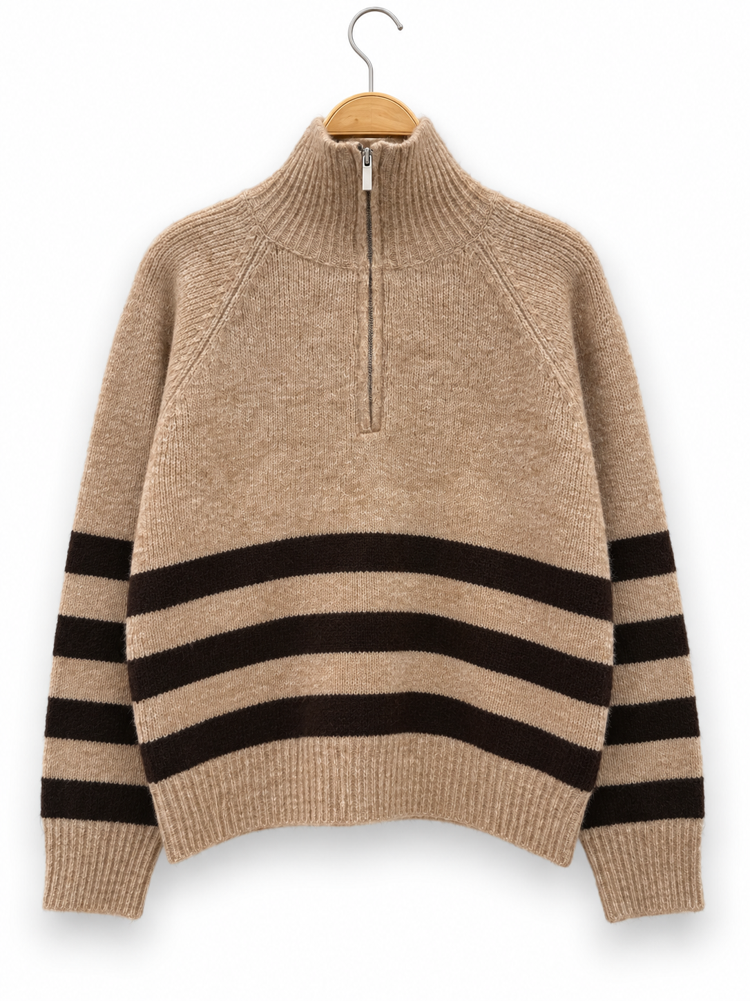 Striped Zip-Up High-Neck Sweater