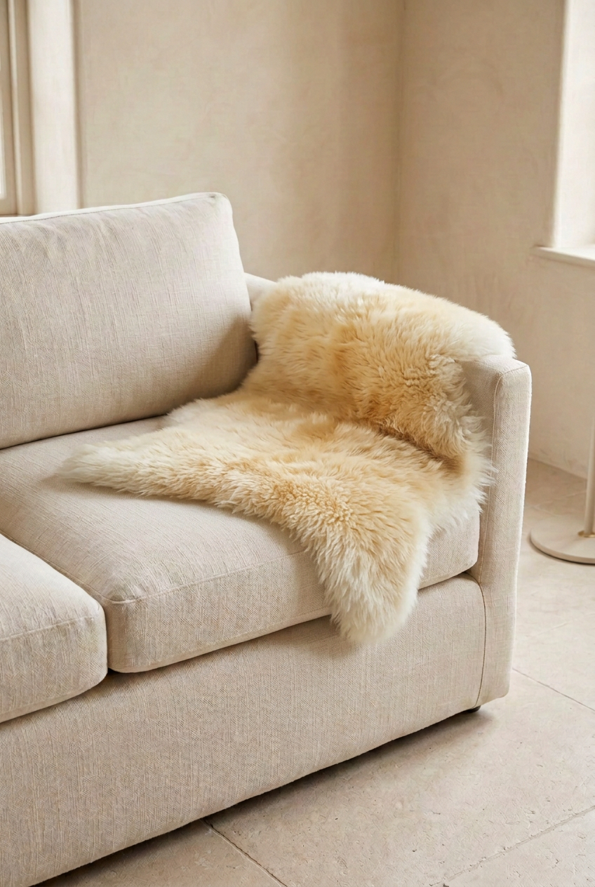 Caramel-tipped sheepskin over a sofa arm
