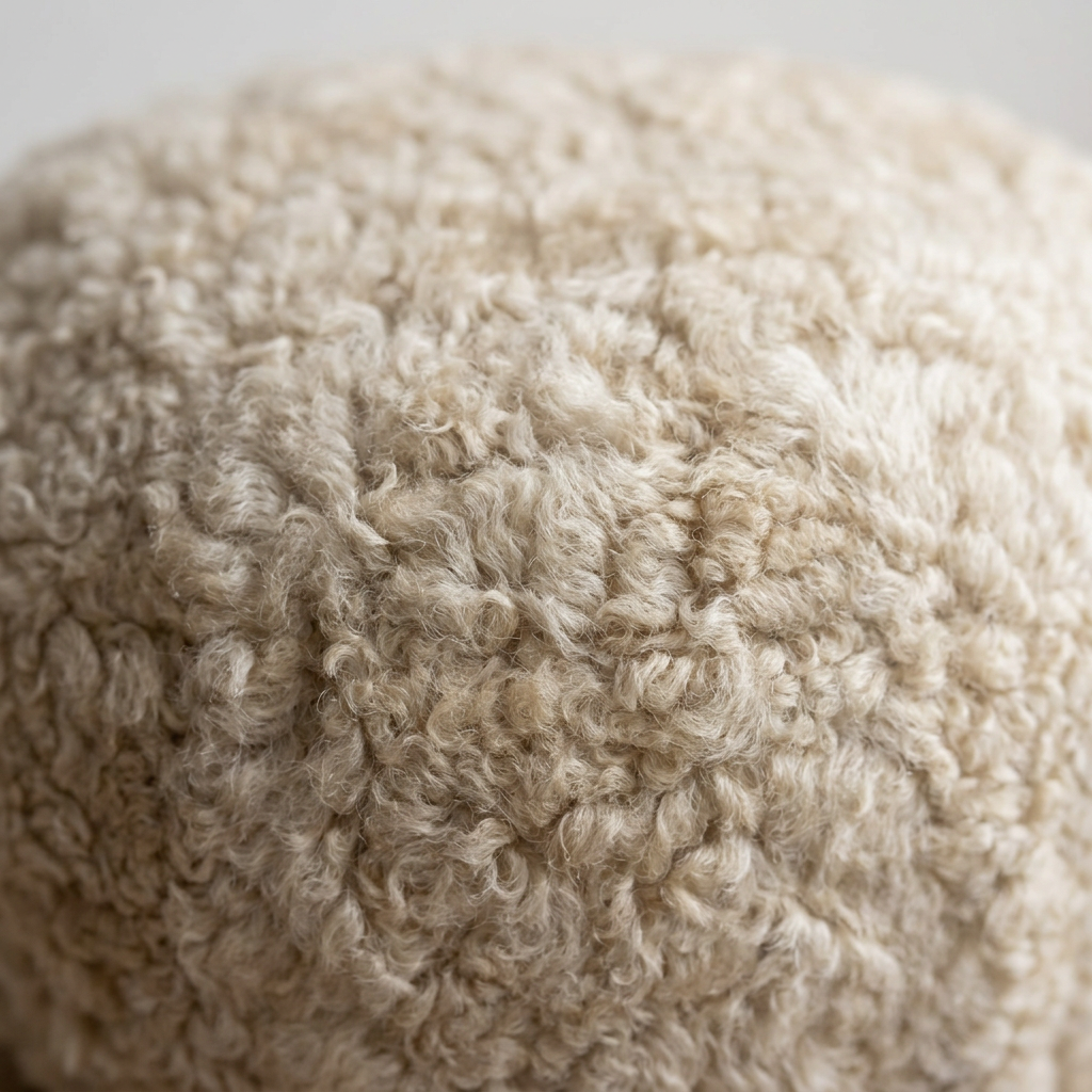 Close-up of the pouffe’s curly oatmeal wool