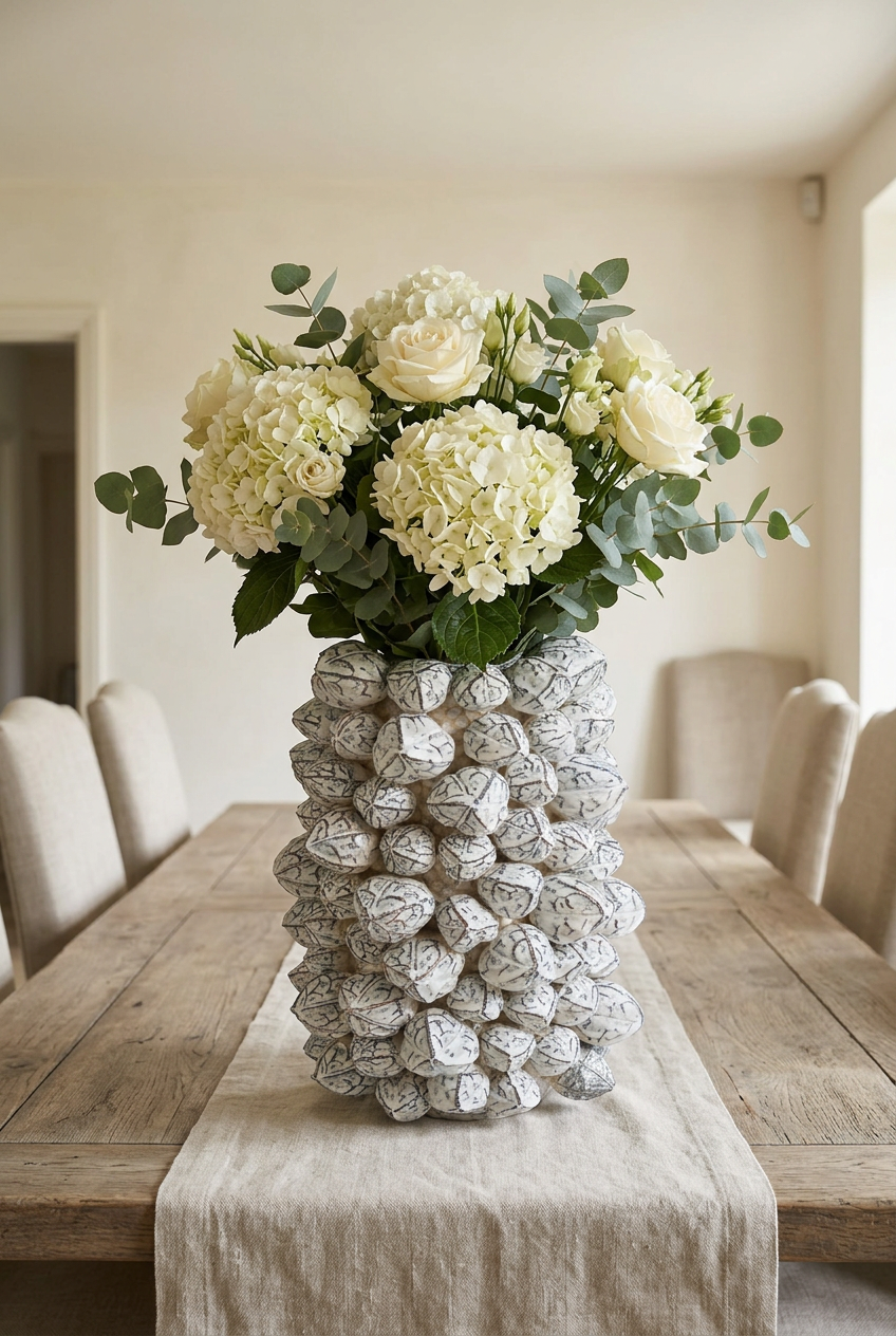 Coral vase with flowers at the centre of a large dining table