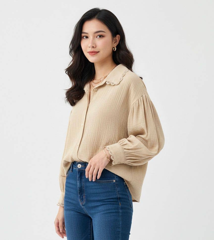 Cotton Gauze Shirt & Lace Trim