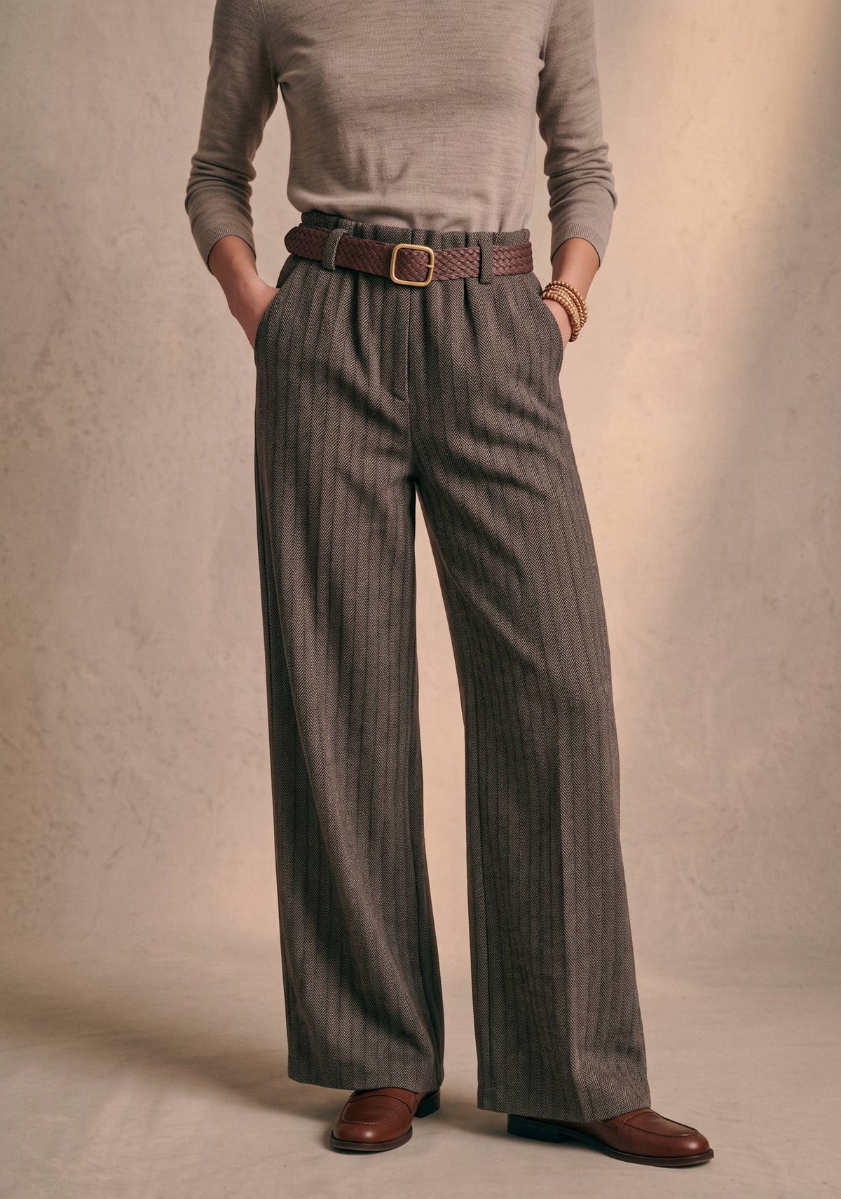 Wide Leg Herringbone Trousers