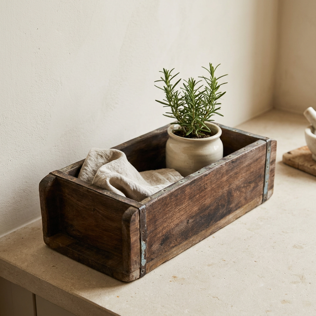Vintage wooden brick mould styled with rosemary and oatmeal linen on a pale kitchen worktop