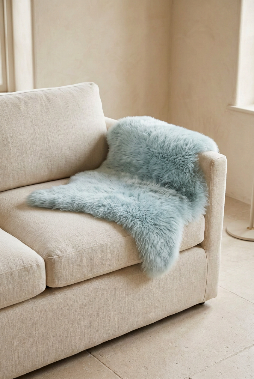 Single Duck Egg sheepskin draped over an ivory linen sofa arm in a warm neutral interior