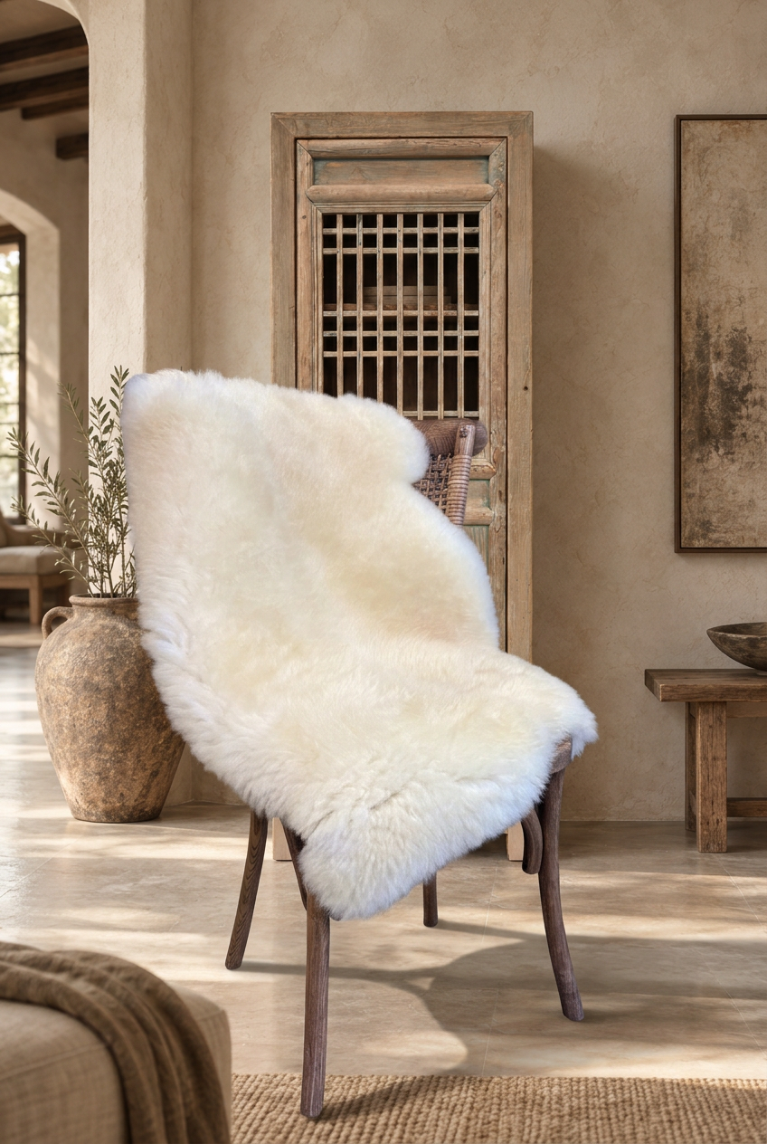 Cream Southdown sheepskin draped over a wooden chair in a rustic room with a distressed screen-door cupboard