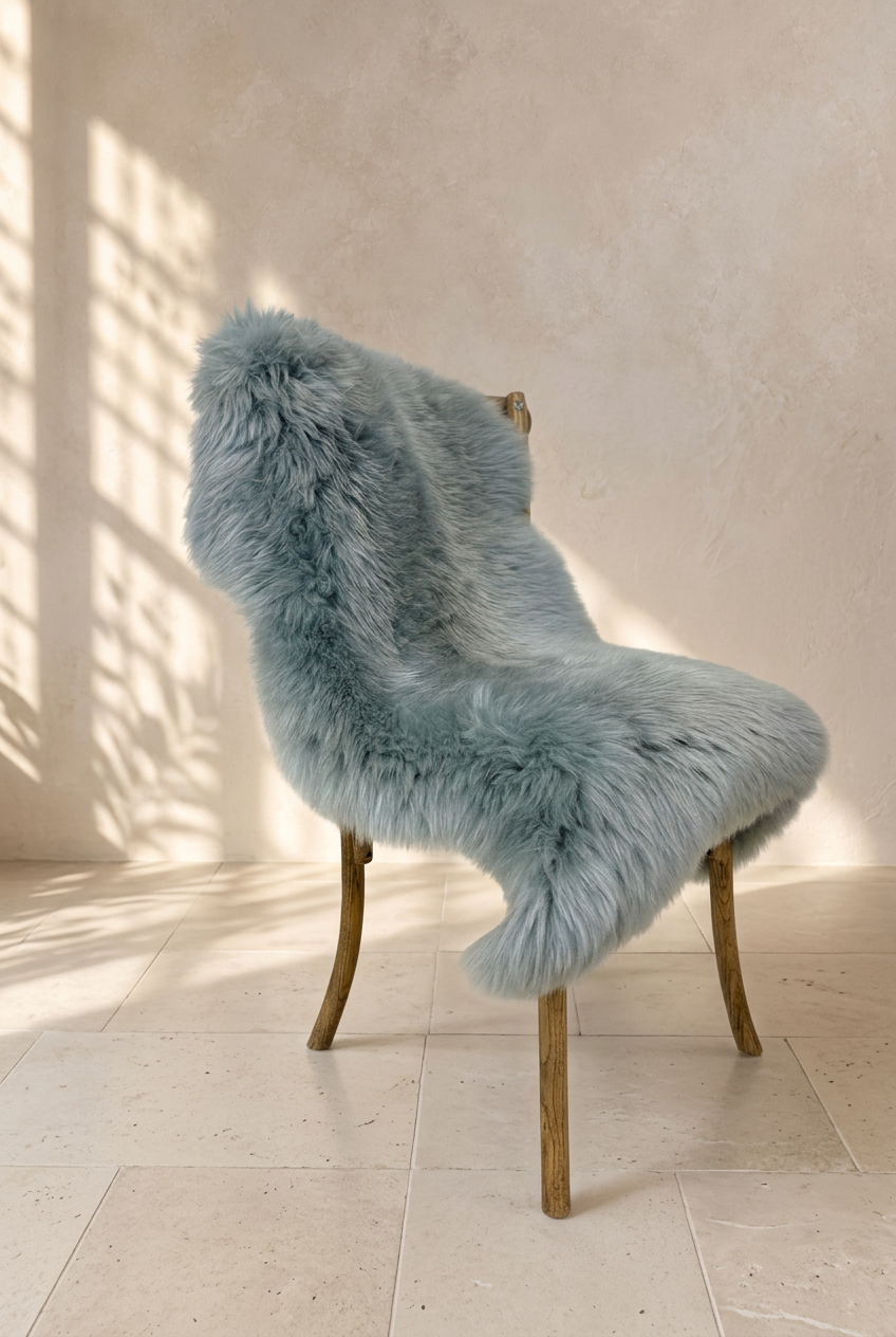 Ash grey sheepskin draped over a wooden chair in a warm neutral interior
