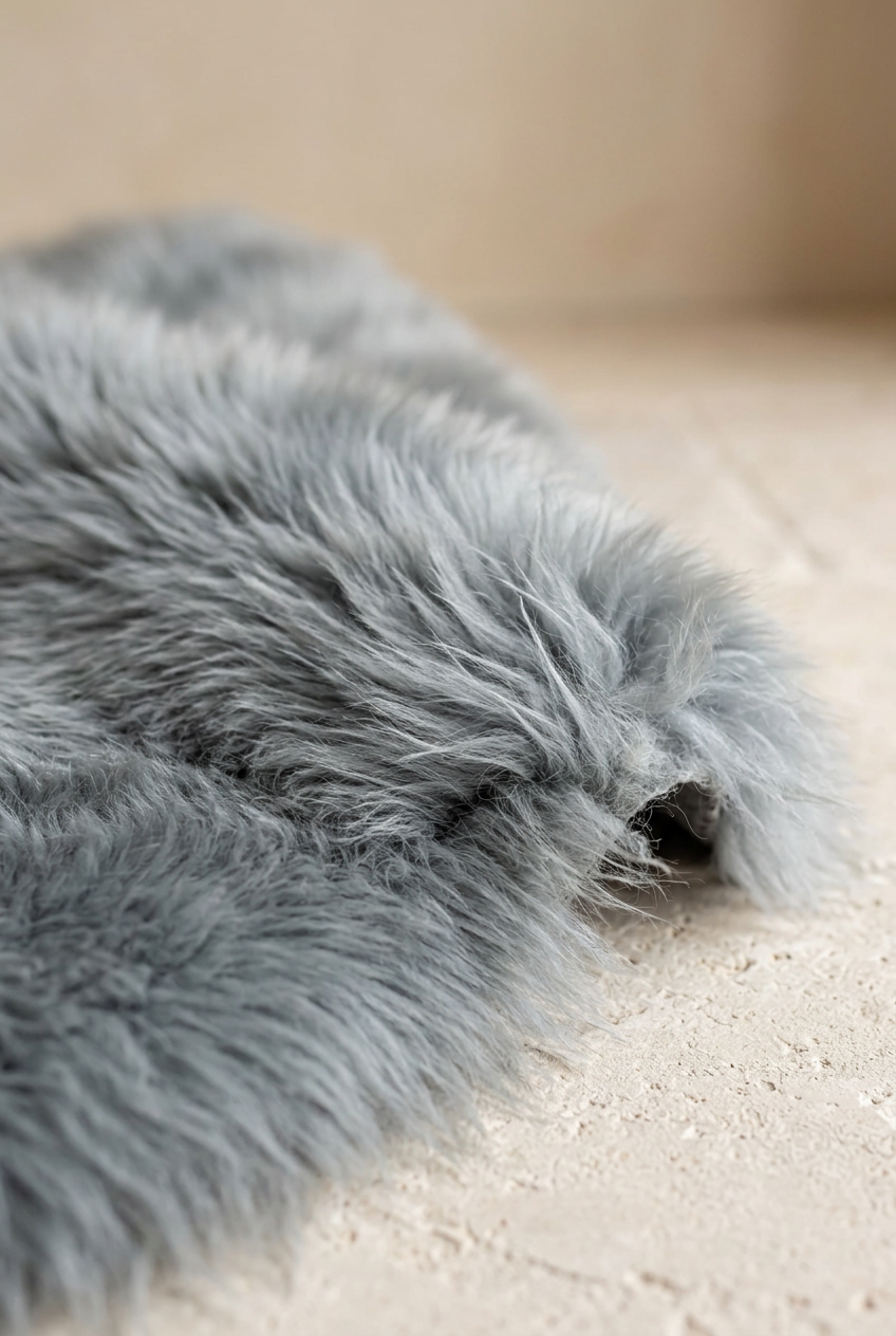 Close-up of the soft long wool fibres of an ash grey sheepskin