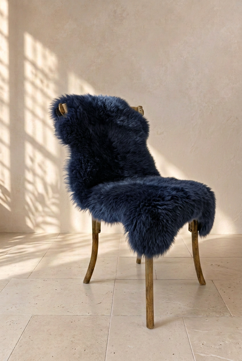 Navy blue sheepskin draped over a wooden chair in a warm neutral interior
