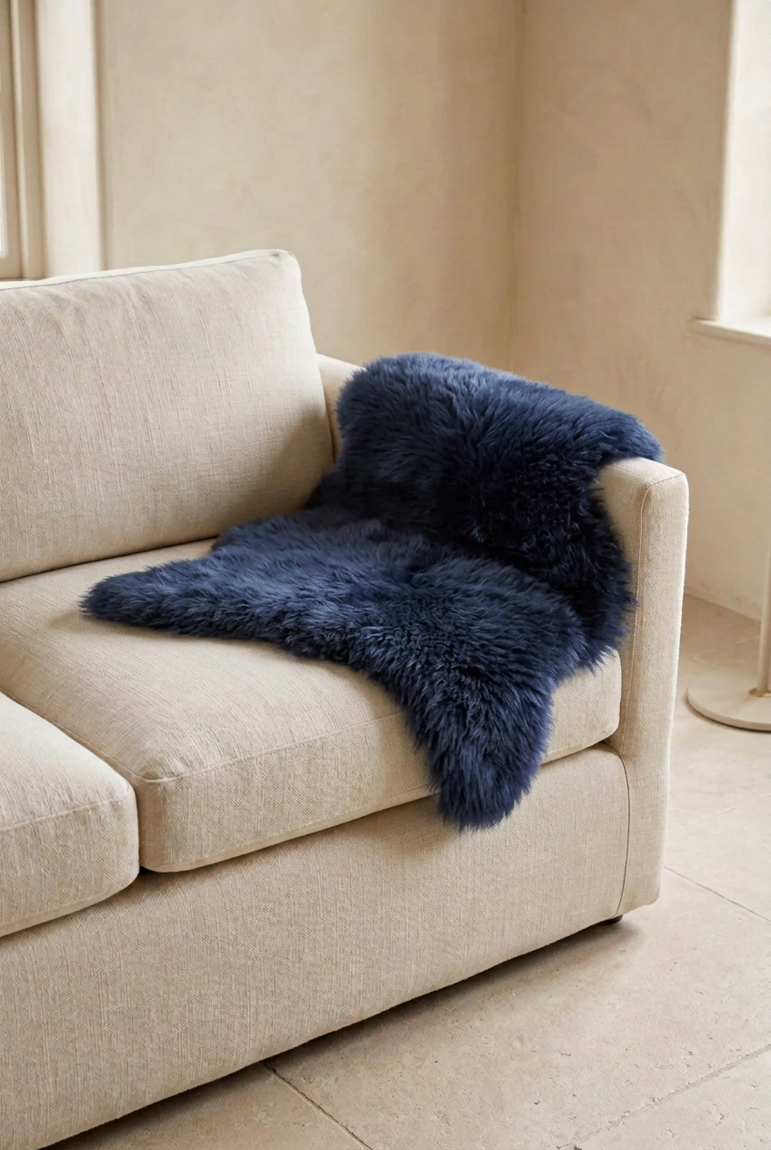 Single navy blue sheepskin draped over an ivory linen sofa arm