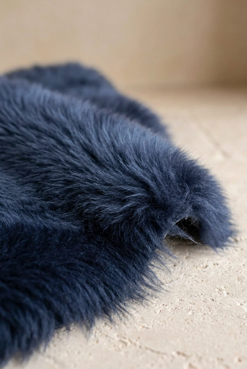 Close-up of navy blue sheepskin wool